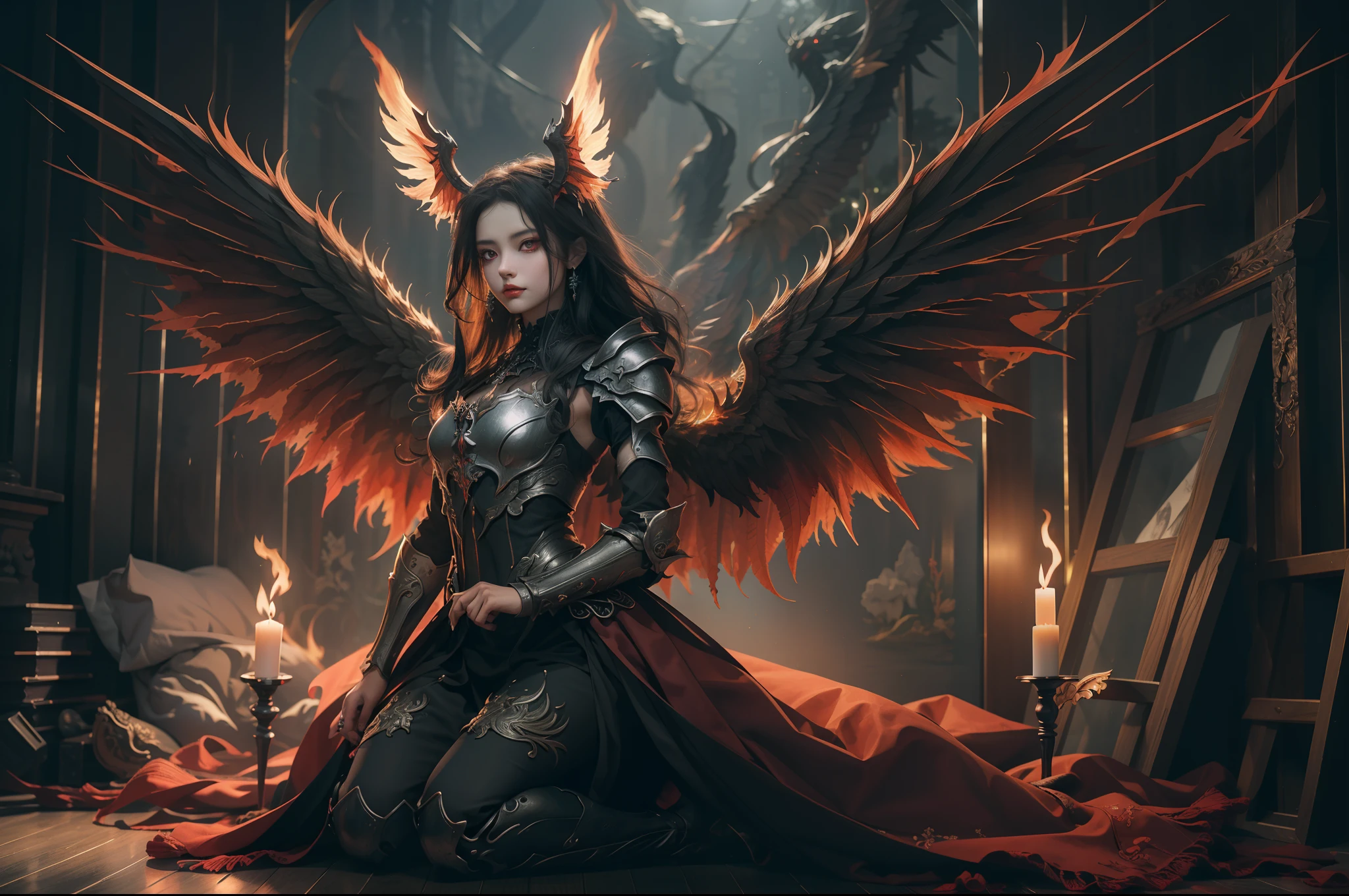 (extremely detailed CG unity 8k wallpaper,masterpiece, best quality, ultra-detailed, beautiful detailed eyes:1.2),best illumination, (best shadow, an extremely delicate and beautiful, bloom),
1girl,solo,red eyes,Heavy armor,long hair,holding sword,Angel wings,black wings,red jewelry,(big wings:1.4),Film filter,Satan, Hellfire,full body,demon,flame,