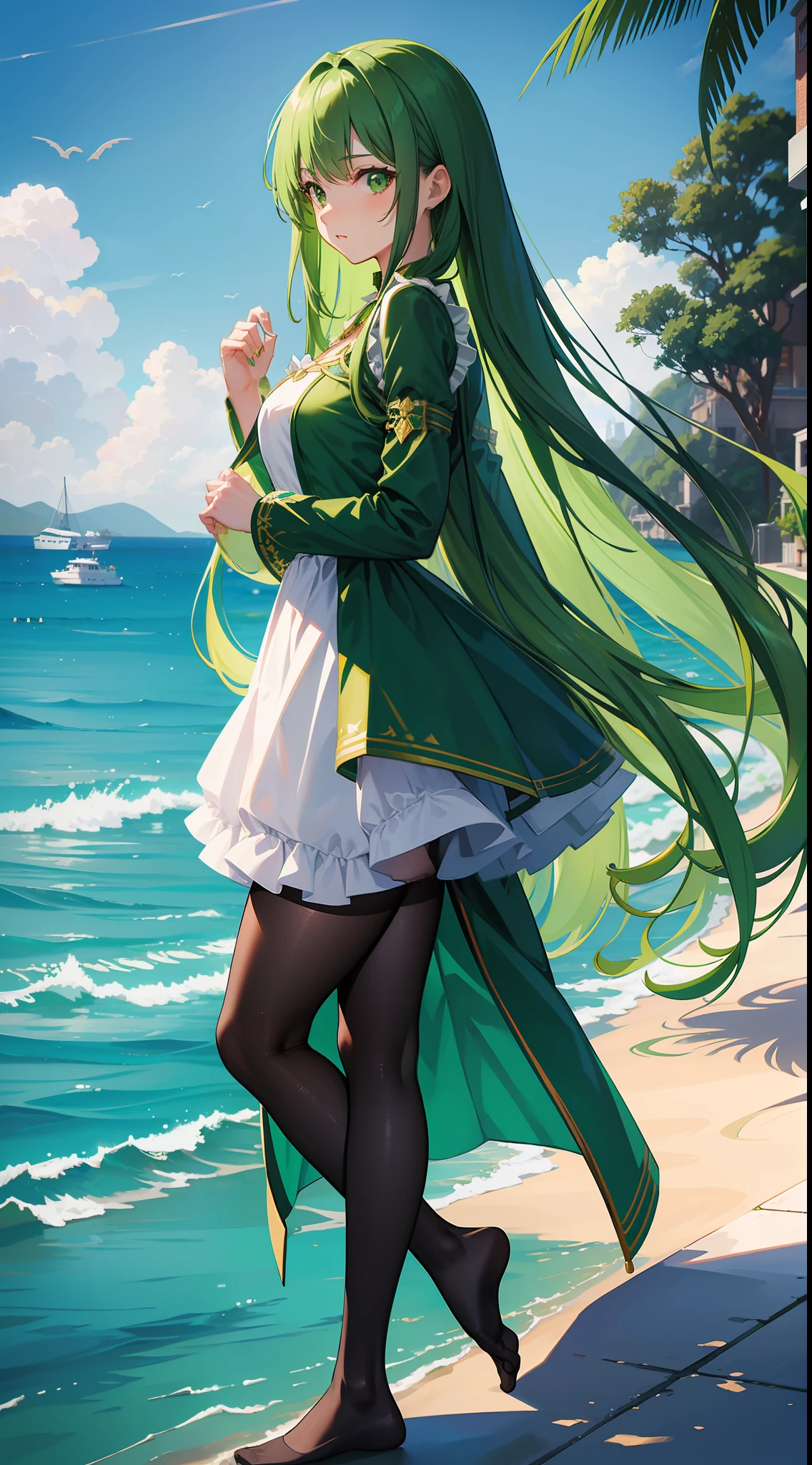 green long hair,sexy dress,Green pantyhose,Green stockings,without wearing shoes,standing on the sea side