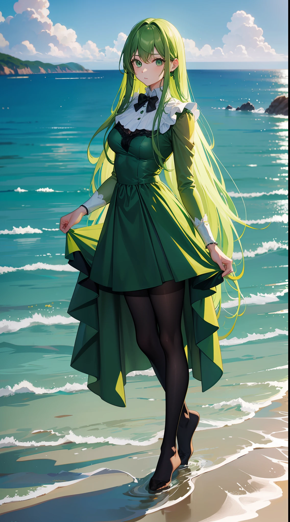 green long hair,sexy dress,Green pantyhose,Green stockings,without wearing shoes,standing on the sea side