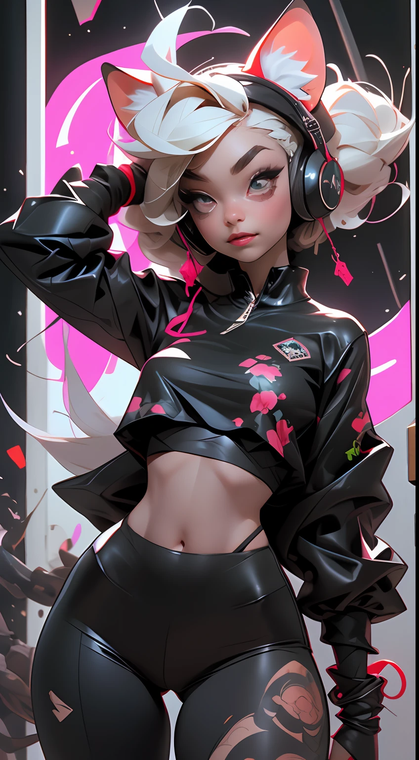 (Melhor qualidade), (obra-prima), (realista) and ultra-detailed photo of cute girl in futuristic neon headphones with plastic fox ears, Ela tem um (de capuz), usa couro (desabotoado) jaqueta de corrida rosa-preto em um corpo nu, sob o qual podemos ver ((enormes peitinhos eretos semiabertos)), (mamilos eretos), barriga aberta, shorts apertados de couro, e exala uma vibe (beautiful and aesthetic),   corpo sexy , pupilas detalhadas, detailed iris of eyes, Um sorriso envergonhado e lascivo abrindo a boca,
