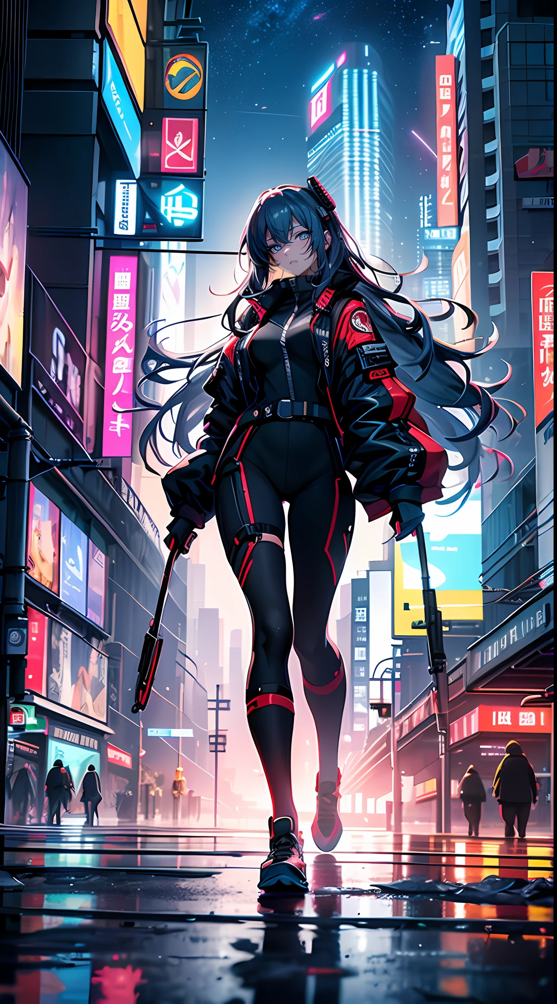 (非常详细的 CG 统一 8k 壁纸),most beautiful artwork in the world,A woman with long flowing hair stands in front of the bustling city background at night,Her figure is illuminated by bright neon lights,Look into the distance。Her posture was elegant and confident,It's like a beautiful sight in the city,This is a poster design with a dynamic and modern feel,Bright lights of the city of the future,Soaring skyscrapers,Colorful neon lights drown out the night,Vehicles in the air are like shooting stars across the sky,Large outdoor screens play advertisements and information about the future。A cyberpunk environment full of futuristic technology,