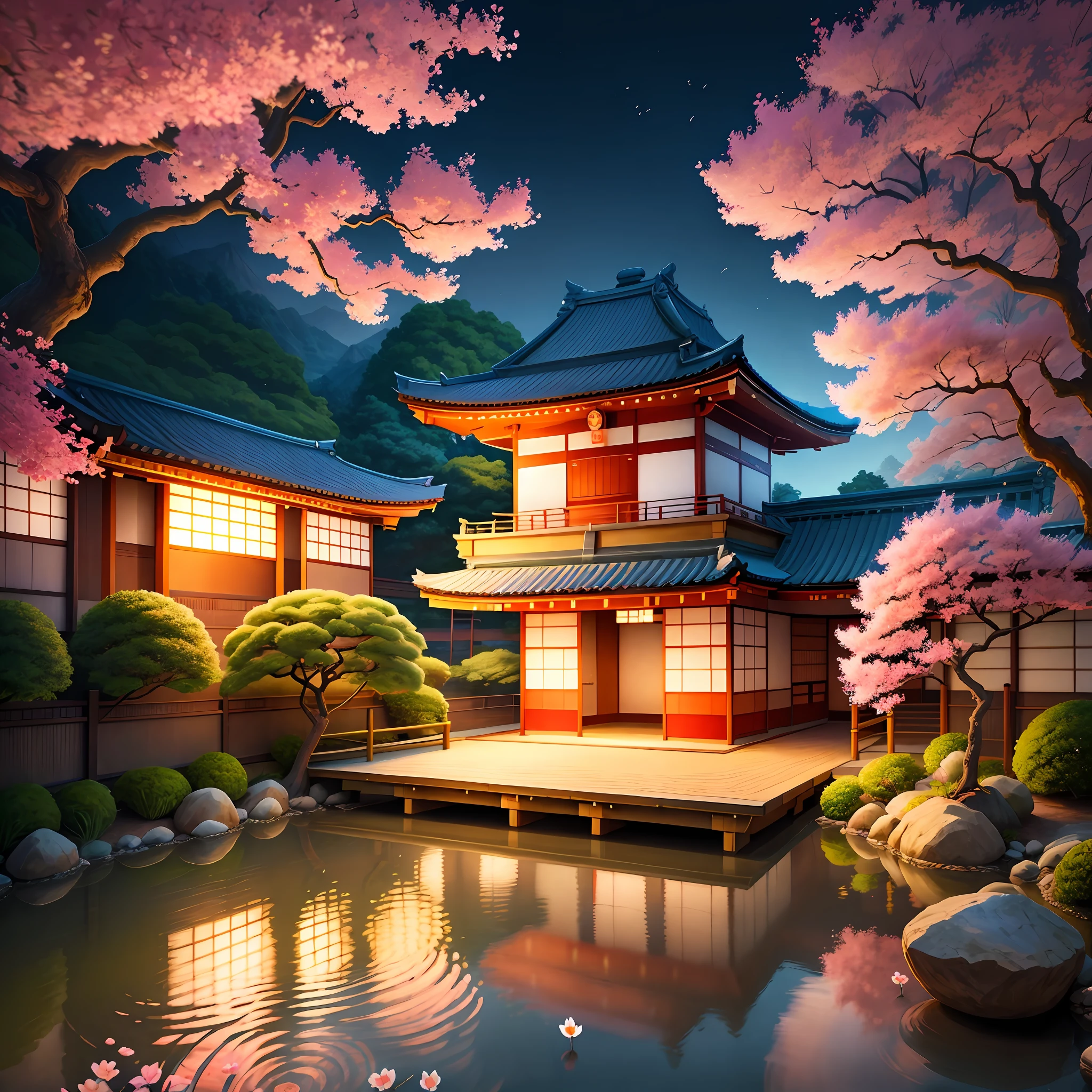 (digital painting),(best quality), serene Japanese garden, cherry blossoms in full bloom, koi pond, footbridge, pagoda, Ukiyo-e art style, Hokusai inspiration, Deviant Art popular, 8k ultra-realistic, pastel color scheme, soft lighting, golden hour, tranquil atmosphere, landscape orientation