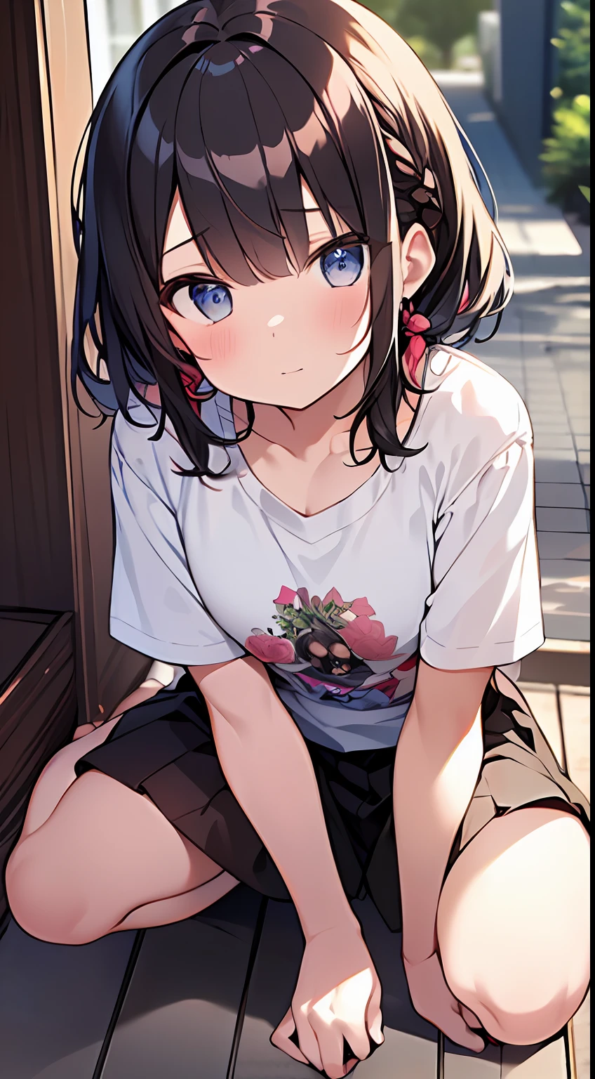 (top-quality、32K image quality、masterpiece、nffsw:1.2)、a cute 、Medium short hair、short braiding、beauitful face、(Slouched:1.3)、crouching down、(From above:1.2)、(a closeup:1.4)、small curvy loliou can see the chest))、Bust Up Perspective、Loose baggy T-shirt、(beautiful nipple slips:0.9)、outside of house、the wind、shinny skin、blurry backround