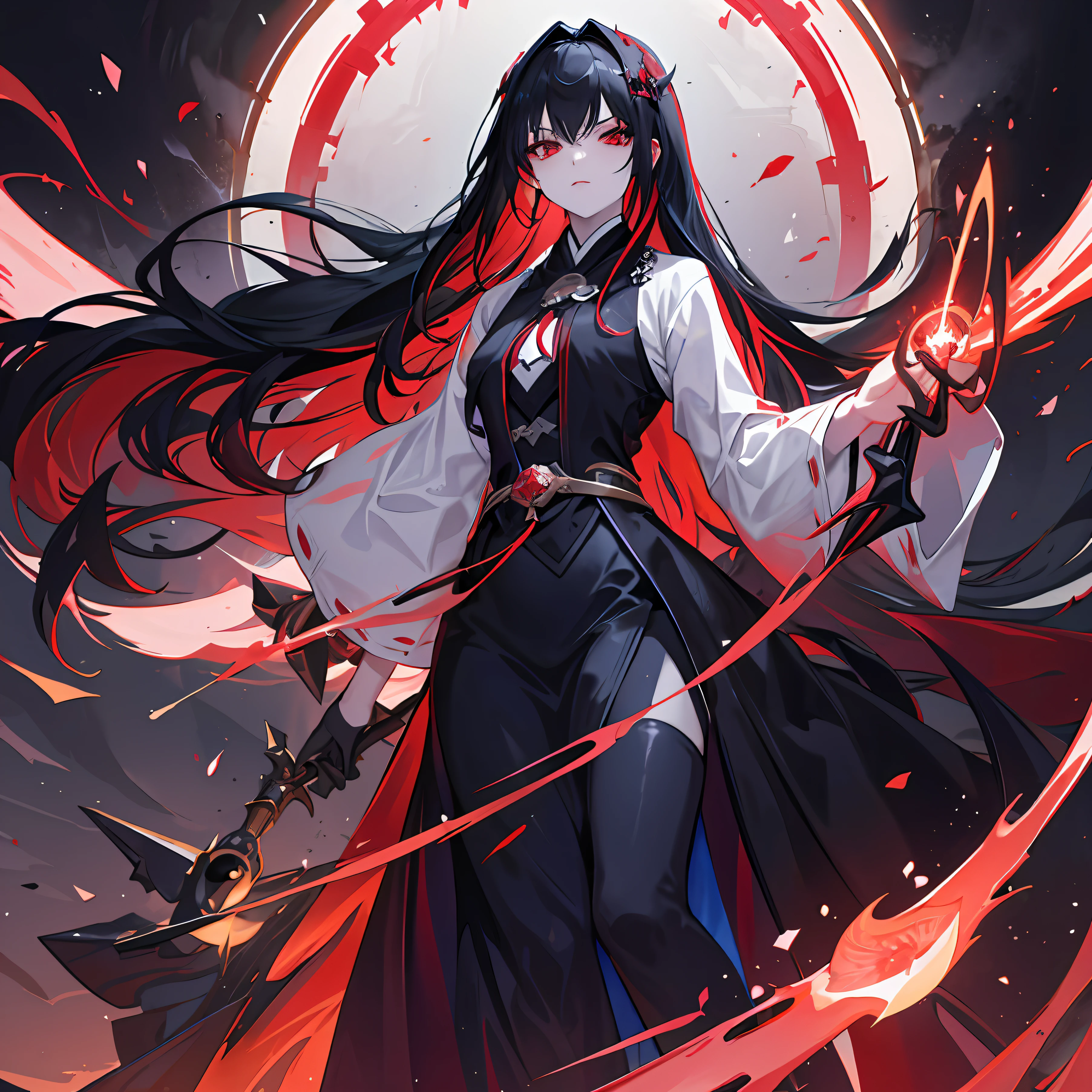 death,blood,night, dark, (Fantasy),Infinite,ruby red gem,The abyss of knowledge,knowledge,((masterpiece)), (((best quality))),((beautiful detailed eyes)),(eyelash),Monster,red diamond dragon horn on the forehead,(1 girl),dark black hair,long hair,bangs,black hair,abyss eyes,detailed clothes, closed clothes, black gloves, red eyes,Shiny skin,oil,medium breast,(slim body),Wearing hanfu black and white, extremely detailed CG unity 8k wallpaper,masterpiece, ((ultra-detailed)), ((illustration)),colorful,wallpaper,energy,Unknown terror,arcane,Around the magic,magic surrounds,magic rod,Know it all,Predicting the Future,Know the past,Infinite wisdom,blue flame,Warlock,Magical Circle,Pentagram,incantation,mantra,the hand holding an unknown power is red,
