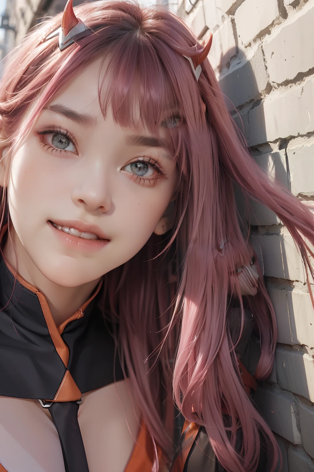 4k, raw camera, highres, masterpiece, portrait, aesthetic, beautiful, best quality, highly detaile, best quality clothing, aesthetic clothings, professional angle, rule of thirds, Feminine, delicate, beautiful, 19 years, attractive, solo, 1 girl, (Zero Two), (In an alley), (Upper Body, Close Up), ((From Looking at Viewer)), (Low Lighting), ((Smiling)), (Long Hair, Pink Hair, Very Straight Hair, Bangs, Blunt Bangs Hair, Little Red Oni Horns in hair), (Open Eyes, Aqua Eyes, DarkPink Eyeliner in Eyes, Very Cheerful Gaze), Soft Skin, (-), ((Standing, (Leaning Forward), Straight-On)), Beautiful Teeth, Perfect Teeth, White HairBand, (Half Open Mouth), (Natural Lips), (Medium Breast), ((Arms Behind Back, Hands Behind Back)), (Red Military Uniform, Full Black Tights, Necktie, Orange Necktie, Opaque Clothing, High Quality Clothing), (No Neckline), beautiful body, beautiful eyes, shiny eyes, shiny hair, beautiful mouth, beautiful lips, beautiful face, hd, matt suit