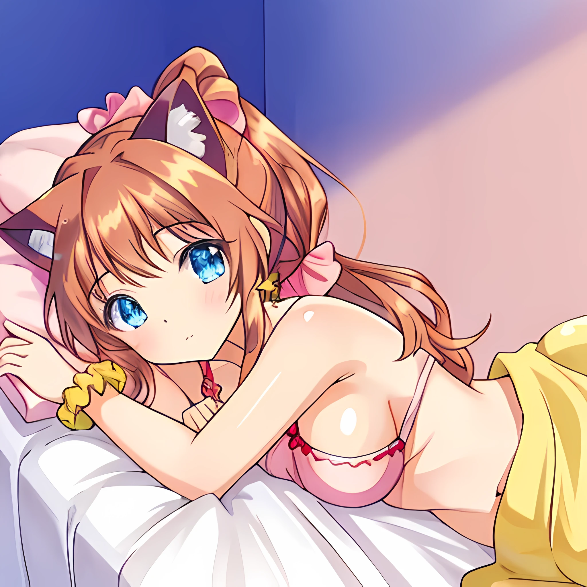 (Highly detailed CG Unity 8k wallpaper), (Best Quality), (Super Detail), (Best Illustration), (Best Shadow), POV, Realistic lighting and shading, Natural light, Lens flare effect, BREAK, 1 beautiful girl, Solo,(Cute:1.5),(Chibi:0.8), (kawaii:1.5),(Lori:0.5), BREAK, ( ( girl), Very detailed, colourfull, highest details, BREAK, (Huge breasts: 1. 2,), Clear skin, Beautiful skin, Shy skin, 1 beautiful girl, Brown hair, (Cat ears, Ponytail, medium-Long hair: 1. 2), (Light blue eyes, long eyelashes, Double eyelids: 1. 2), Solo, gleaming skin, BREAK, (Turning red:1.2), (She has her hair tied in a bun.:1.0), (Barefoot with colorful nails:1.0), (barechested:1.2), (pink scrunchie:1.0), (star-shaped earring:1.1), (Lace headband:1.0), (Cute Accessories:1.3), (Angle from the back,a bed,Sleeping face down:1.1),(Massage room background),