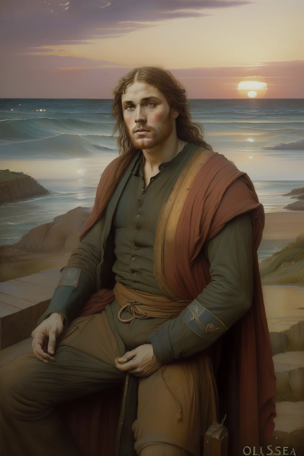 (((Pre-Raphaelite painting of a rustic man looking tired, See the sunset on the sad sea, doente, triste, cansado, olhar baixo)))