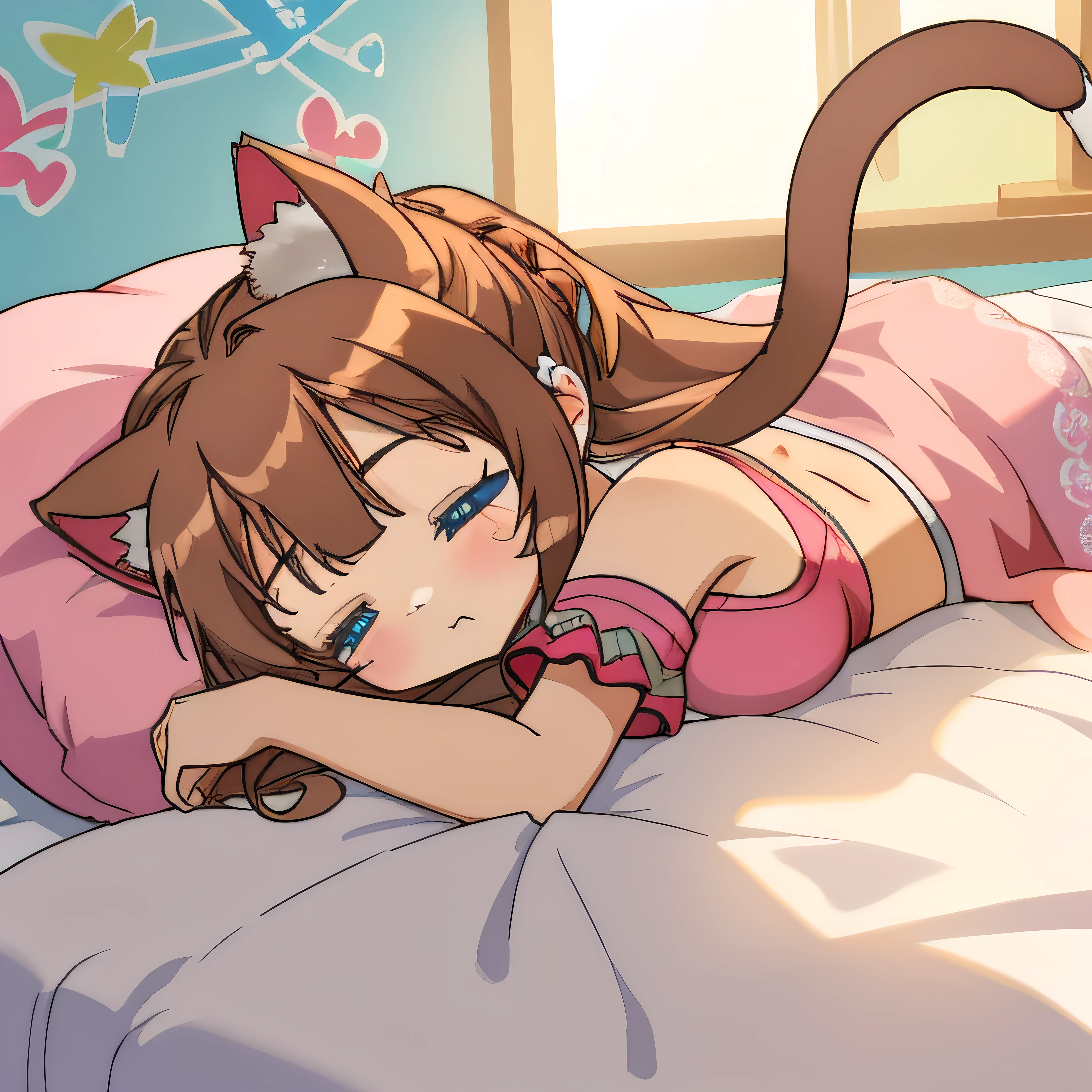 (Highly detailed CG Unity 8k wallpaper), (Best Quality), (Super Detail), (Best Illustration), (Best Shadow), POV, Realistic lighting and shading, Natural light, Lens flare effect, BREAK, 1 beautiful girl, Solo,(Cute:1.5),(Chibi:0.8), (kawaii:1.5),(Lori:0.5), BREAK, ( (17 years old girl), Very detailed, colourfull, highest details, BREAK, (Huge breasts: 1. 2,), Clear skin, Beautiful skin, Shy skin, 1 beautiful girl, Brown hair, (Cat ears, Ponytail, medium-Long hair: 1. 2), (Light blue eyes, long eyelashes, Double eyelids: 1. 2), Solo, gleaming skin, BREAK, (Turning red:1.2), (She has her hair tied in a bun.:1.0), (Barefoot with colorful nails:1.0), (barechested:1.2), (pink scrunchie:1.0), (star-shaped earring:1.1), (Lace headband:1.0), (Cute Accessories:1.3), (Angle from the back,a bed,Sleeping face down,Graffiti on the face:1.1),(Massage room background),