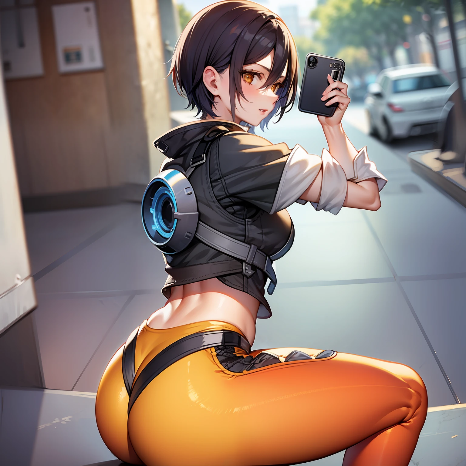 a girl, short hair, orange leggins, sexy pose, selfie butts