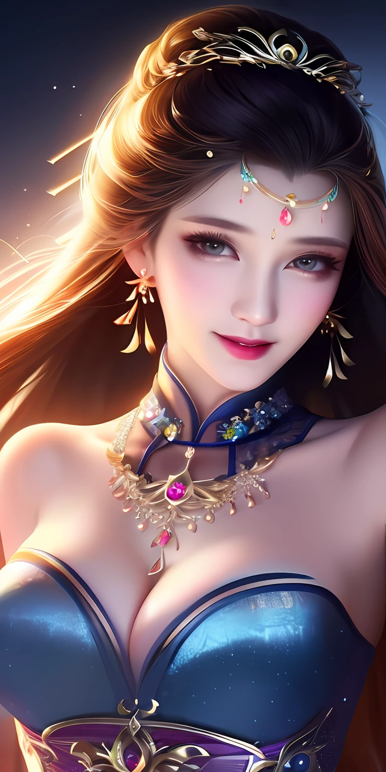 exquisite, masterpiece, high resolution, 1girl, sheer silk cheongsam, beauty face, hair ornament, eye line, smile, closed mouth, lips, dress, hair ornament, necklace, jewel, long hair, earrings, beauty face, upon_body, tyndall effect, photorealistic, dark studio, rim lighting, two-tone lighting, (high detail skin: 1.2), 8k uhd, DSLR, soft lighting, high quality, volumetric lighting, candid, photography, high resolution, 4k, 8k, bokeh