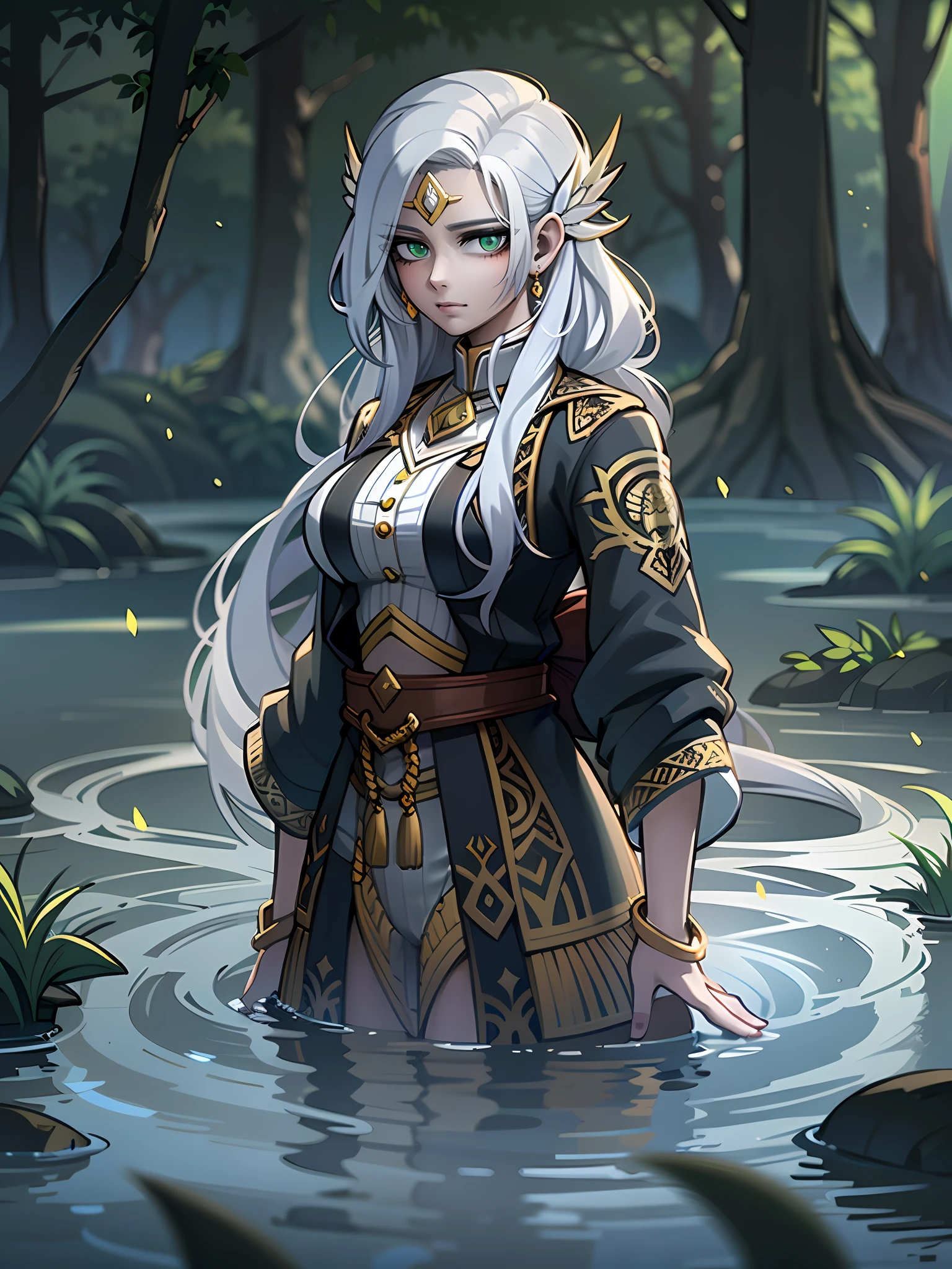 tmasterpiece, hiquality, white colored hair, green colored eyes, haughty look, empty look, light clothing, Magnificent forest, kali, Stand on the water.