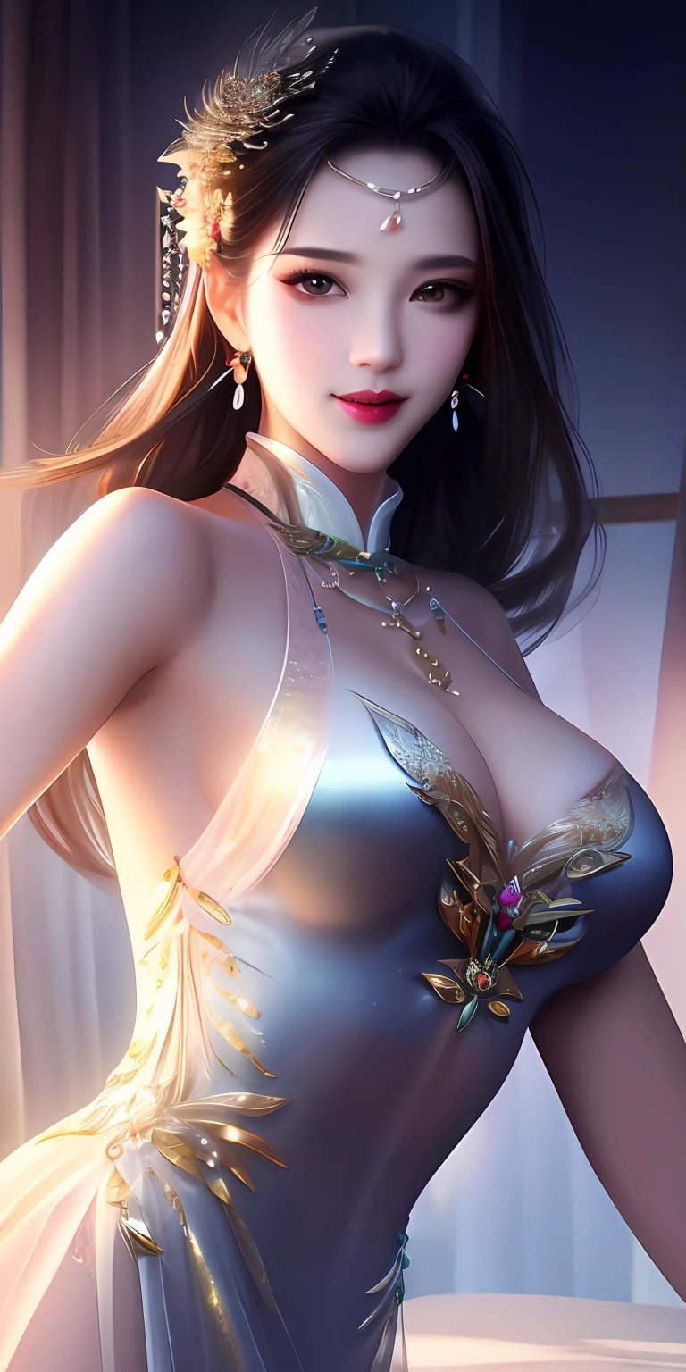 exquisite, masterpiece, high resolution, 1girl, sheer silk cheongsam, beauty face, hair ornament, eye line, smile, closed mouth, lips, dress, hair ornament, necklace, jewel, long hair, earrings, beauty face, upon_body, tyndall effect, photorealistic, dark studio, rim lighting, two-tone lighting, (high detail skin: 1.2), 8k uhd, DSLR, soft lighting, high quality, volumetric lighting, candid, photography, high resolution, 4k, 8k, bokeh