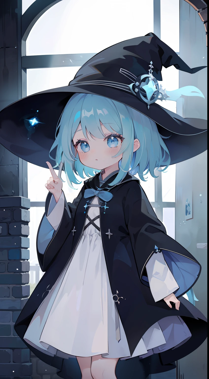 One girl、the witch、witch outfit、witch's hat、cute little、​masterpiece、top-quality、Top image quality、lightblue hair、light blue  eyes、