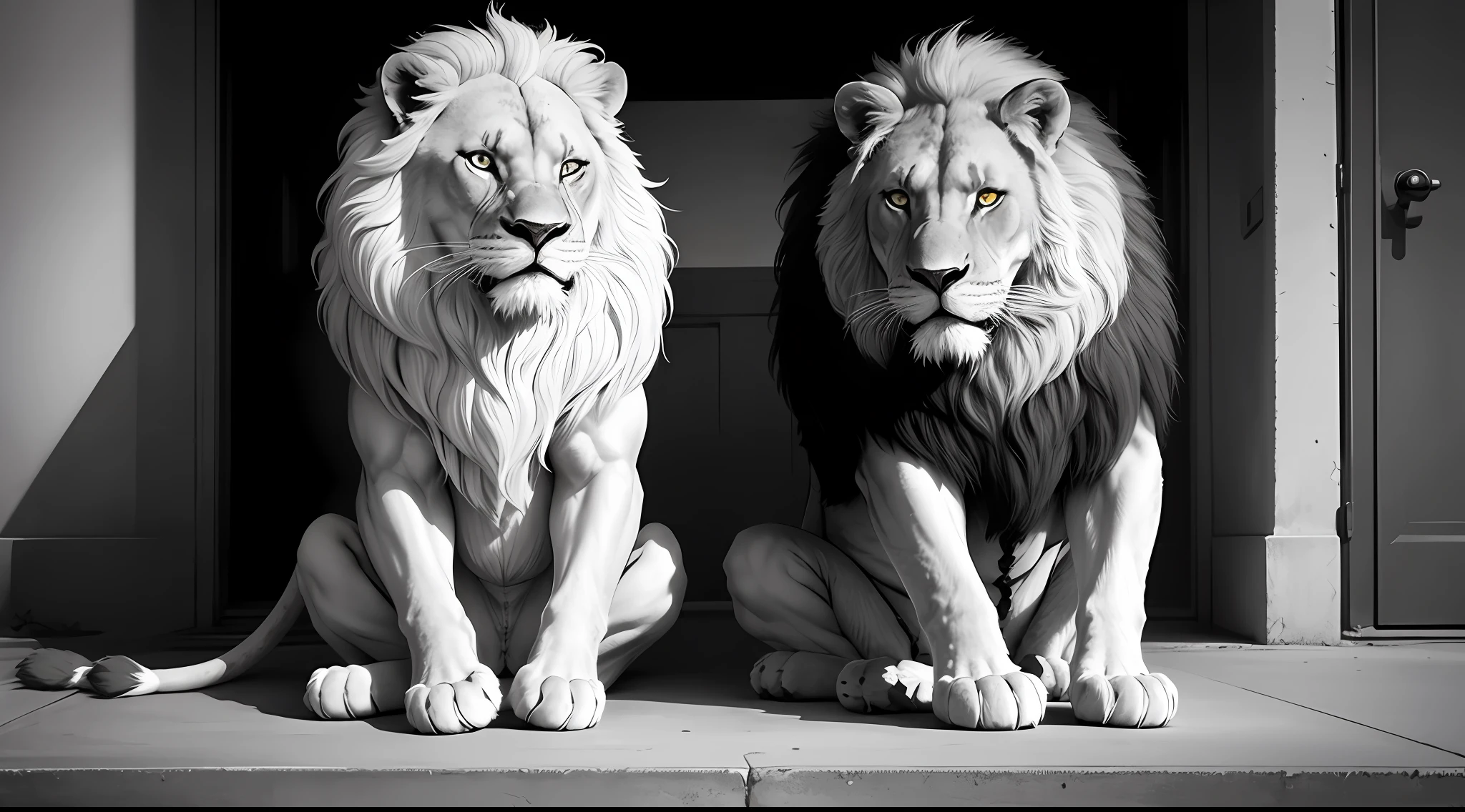 Lion in black and white ultra realistic motivational sitting front view --auto