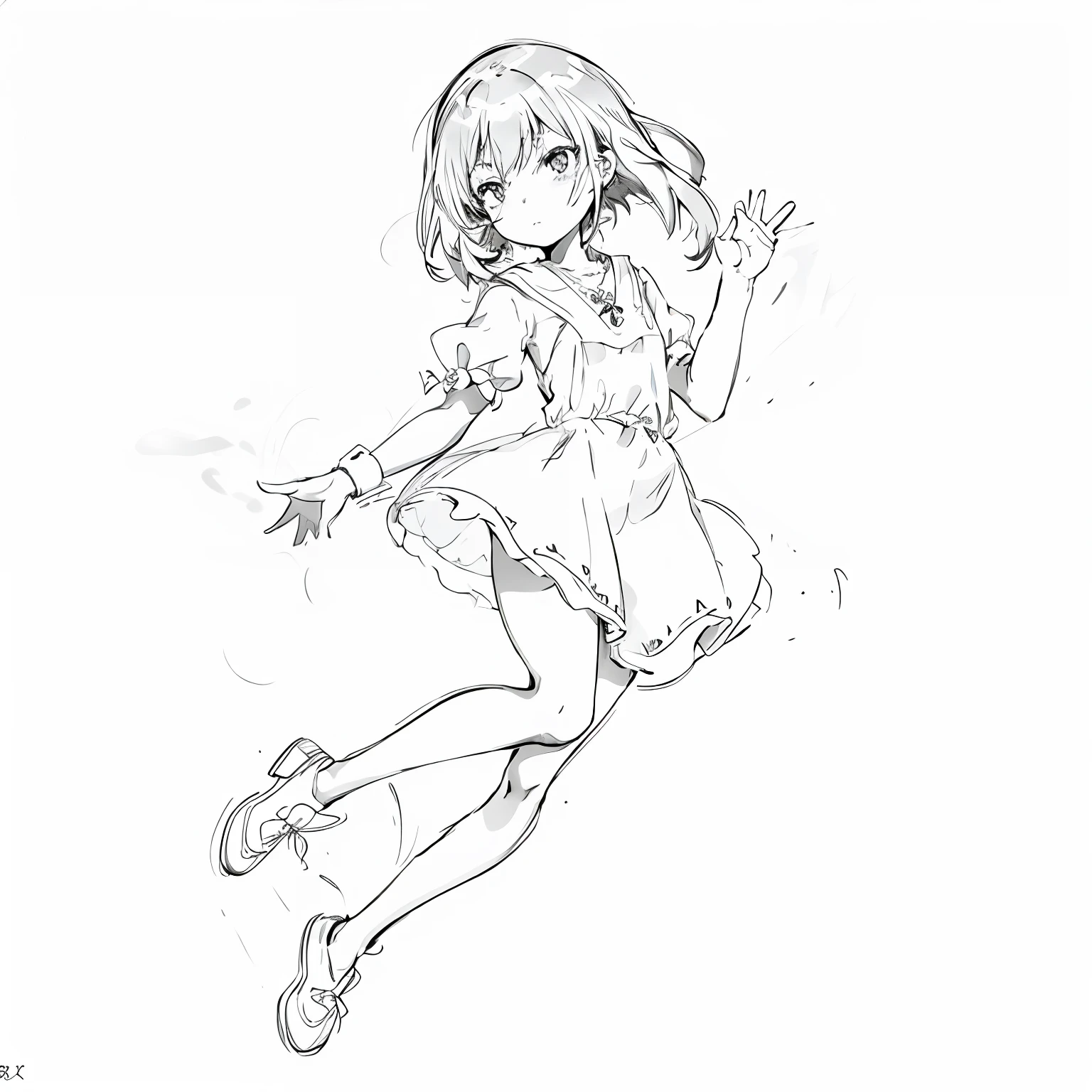 Picture of a girl in a short dress flying, perfect lineart, clean anime outlines, clean line drawings, anime pose, simple line art, line-drawing!!, line-drawing!!, simple line art, linear art, lineart behance hd, line-drawing, outline sketch, loli in dress, extremely fine ink lineart