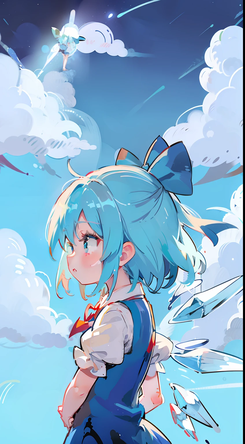 cirno
1girl,blue hair,hair bow,blue dress,short sleeves, ice wings,red bowtie、cute little、profile、​masterpiece、Top image quality、top-quality