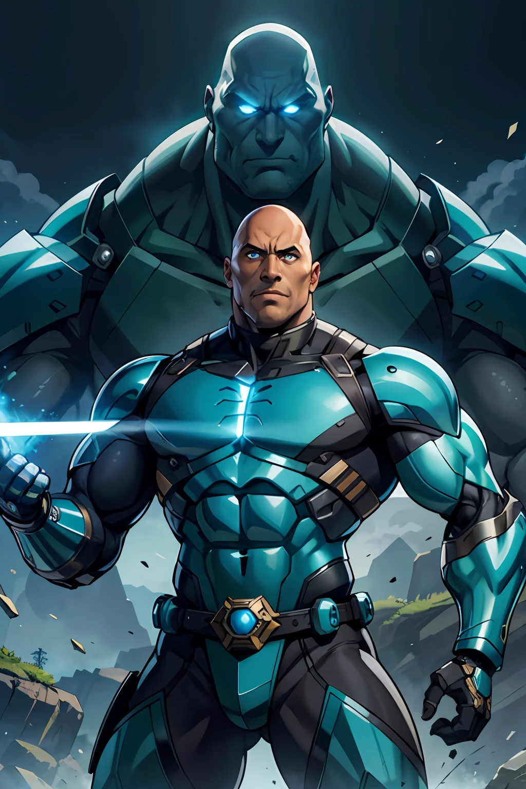 anime, portrait male, big man, very muscular, armor, cybernetic gentleman, Dwayne Johnson face, bald, brown, glowing blue eye, human robot, Dwayne Johnson, sarcastic face, holding giant sword, black and green armor, fighting pose, epic composition, high quality, 4k --V6