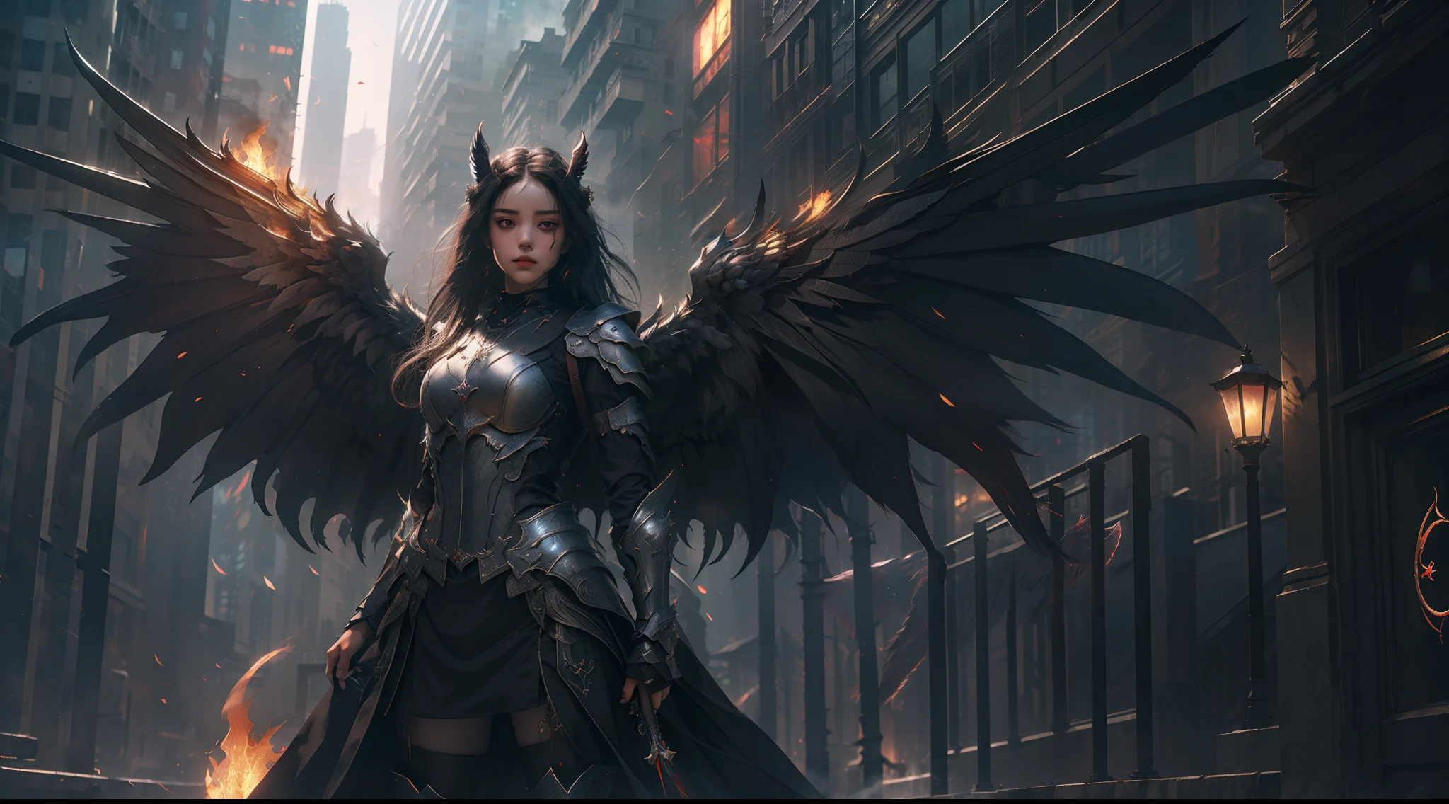 (Extremely detailed Cg Unity 8K wallpaper,Masterpiece, Best quality, Ultra-detailed, Beautiful detailed eyes:1.2),Best illumination, (Best shadow, An extremely delicate and beautiful, full bloom),
1girll,Solo,Red eyes,Heavy armor,Long hair,holdingsword,Angel wings,Black wings,(Big wings:1.4),Film filter,satan, Hellfire,full bodyesbian,demon,Flame,City at night,cyber punk perssonage,smog,steamy,illusory engine, (High detail: 1.9)