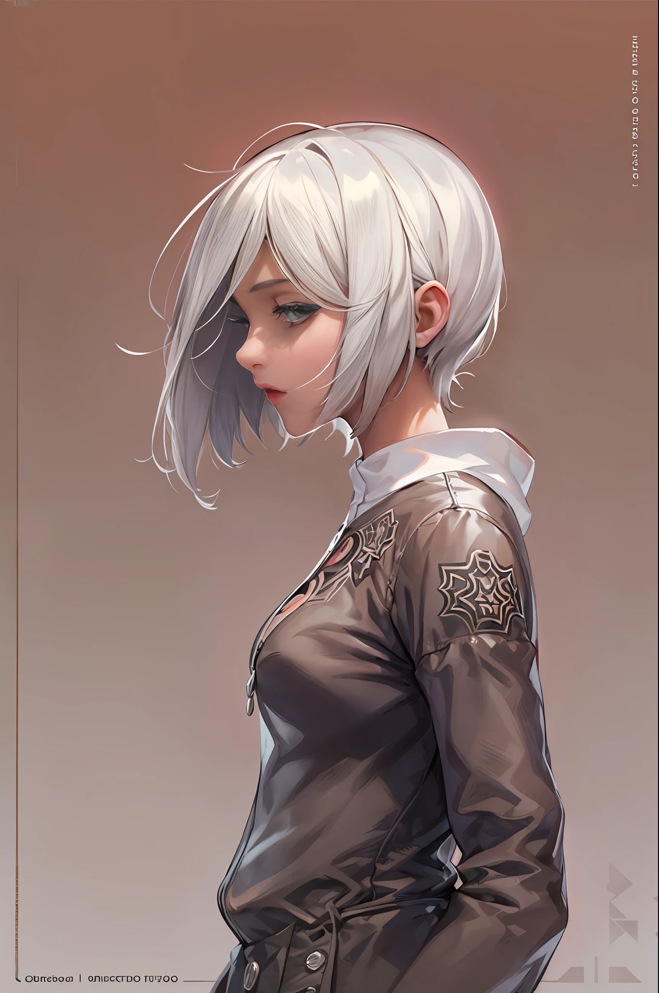 yorra no. 2 tipo b, 1girl, wlop, (venda), seios, decote, recorte de decote, recorte de roupa, fundo verde, cabelo entre os olhos, faixa de cabelo, highres, mangas julieta, mangas compridas, nier (series), nier automata, mangas bufantes, red-lips, rosto sombreado, cabelo curto, solo, gola alta, parte superior do corpo, cabelo branco, heaven, fundo desfocado