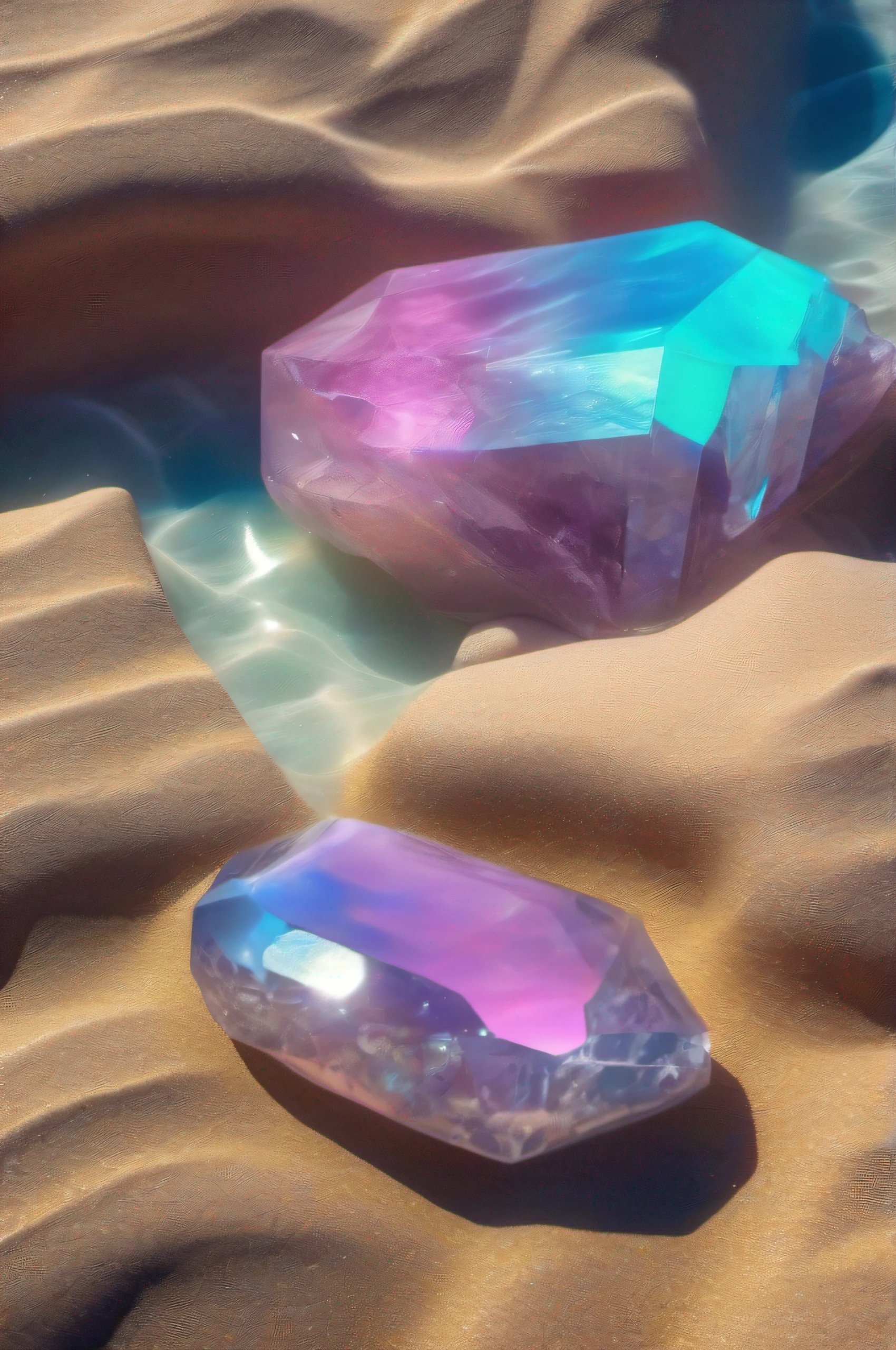(8k wallpaper, .primitive, Photorealistic:1.25) ,( glossy side,, Best quality, Super high resolution, Depth of field, color difference, Caustics, Special light) ,Iridescent color style,(dreamy and romantic compositions:1.5)，Bright style，Crystal clear stone，sandbeach，with light glowing，rays of sunshine,