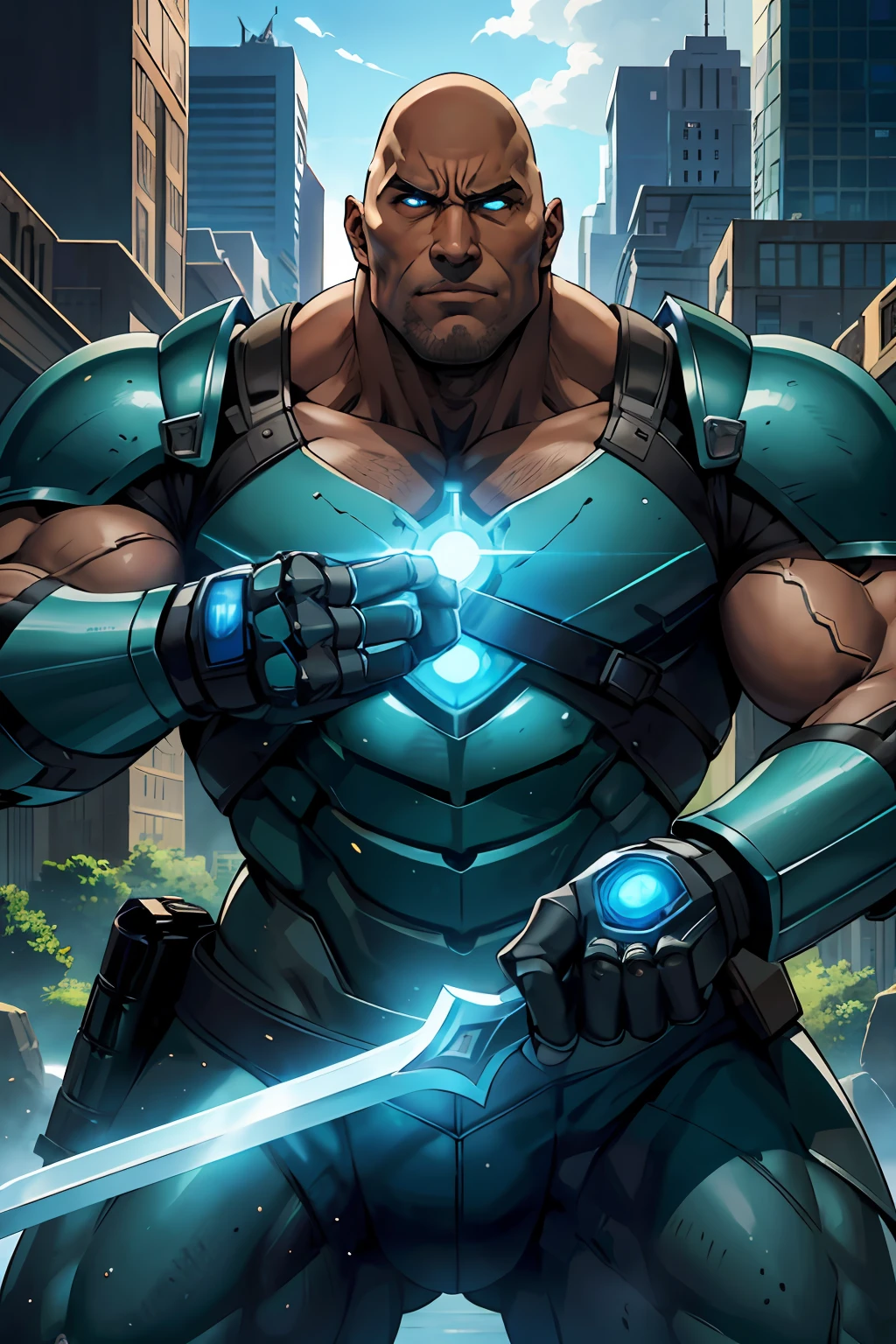anime, portrait male, big man, very muscular, armor, cybernetic gentleman, Dwayne Johnson face, bald, brown, glowing blue eye, human robot, Dwayne Johnson, sarcastic face, holding giant sword, black and green armor, fighting pose, epic composition, high quality, 4k --V6