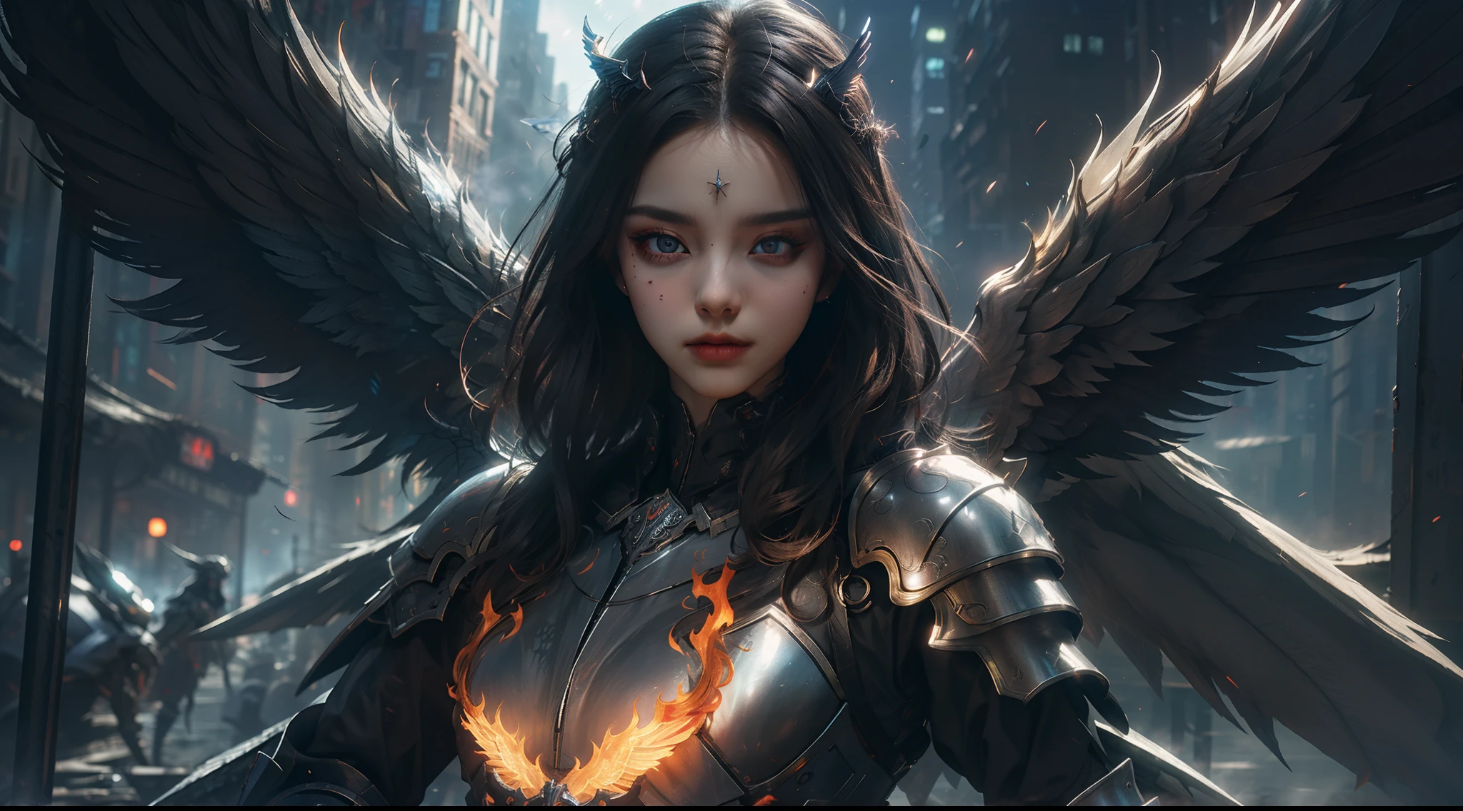 (Extremely detailed Cg Unity 8K wallpaper,Masterpiece, Best quality, Ultra-detailed, Beautiful detailed eyes:1.2),Best illumination, (Best shadow, An extremely delicate and beautiful, full bloom),
1girll,Solo,Red eyes,Heavy armor,Long hair,holdingsword,Angel wings,Black wings,(Big wings:1.4),Film filter,satan, Hellfire,full bodyesbian,demon,Flame,City at night，cyber punk perssonage，smog，steamy，illusory engine， (High detail: 1.9)