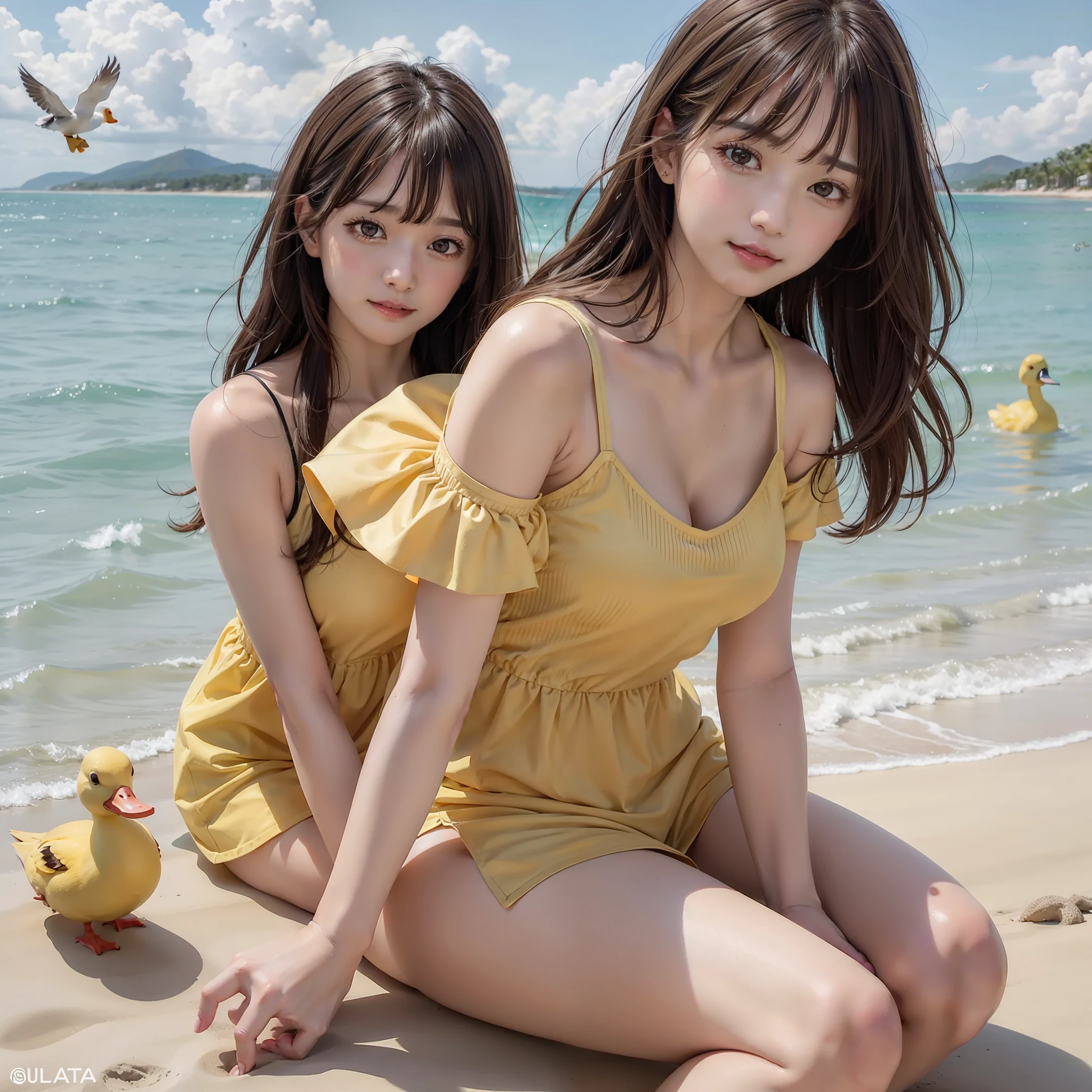 best quality, ultra high resolution, (photorealistic: 1.4), (detailed beautiful girl: 1.4), (medium breasts: 0.8), olhando_no_visualizador, detailed facial details, beautiful and detailed eyes, (brown hair), brown eyes, smile (makeup: 0.4), red lips, (full body, sitting, beach, high waves, ), very detailed clothes, (ulzzang-6500-v1. 1:0.3) \, yellow ducks, strong wind,