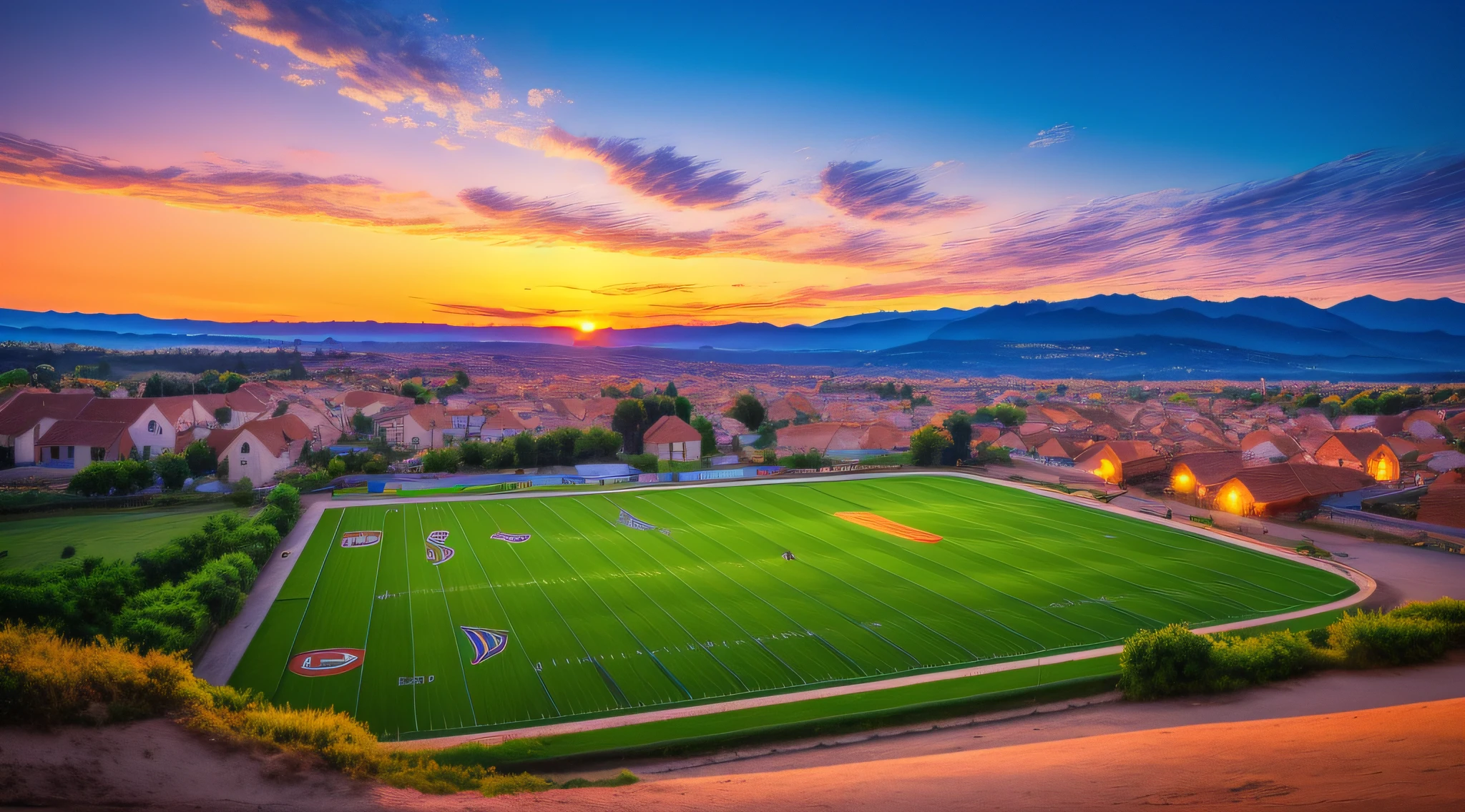 picturesque town with football fields and a majestic sunset
