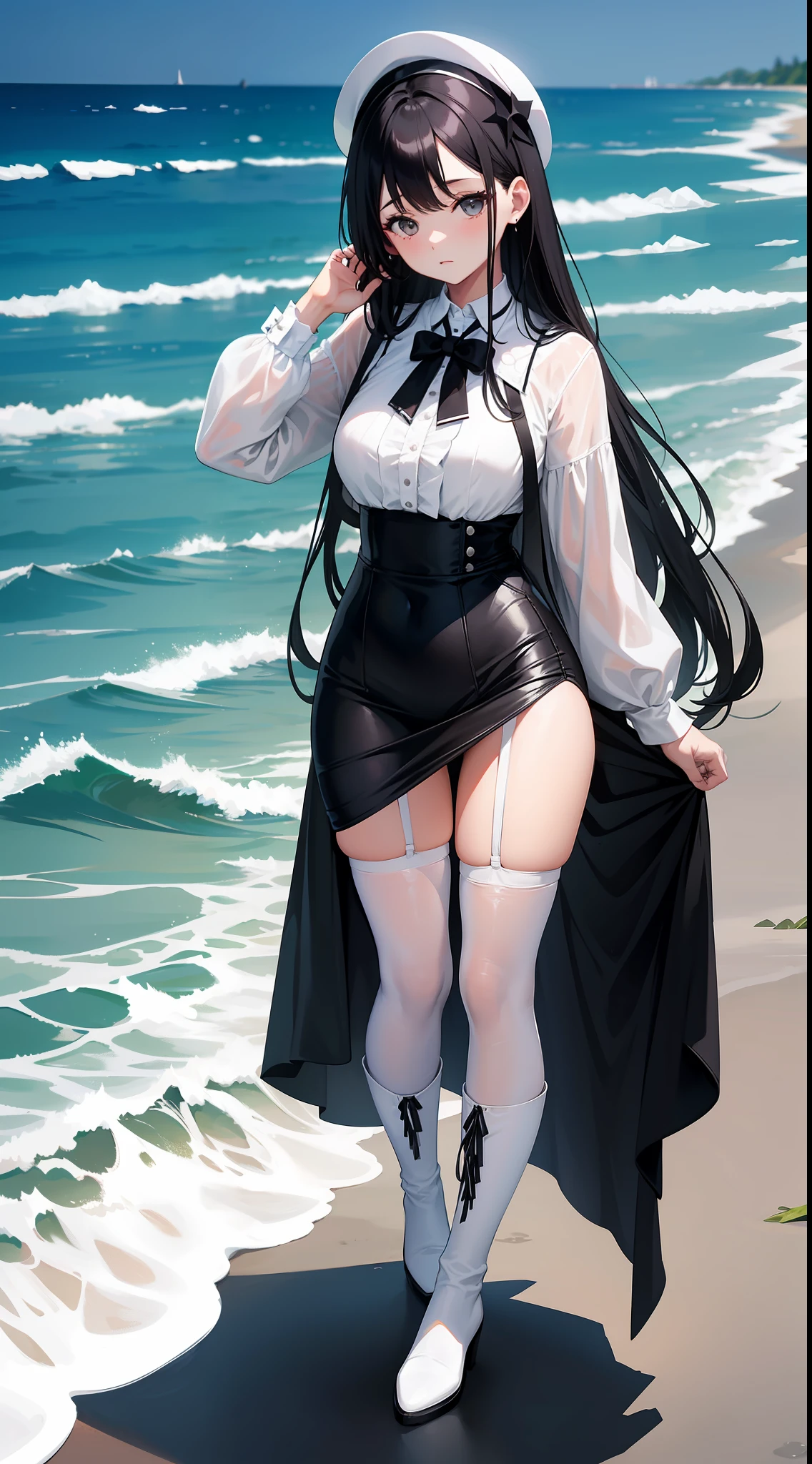 black color hair,black color dress,White panty hose,white stockings,White boots,standing on the sea side