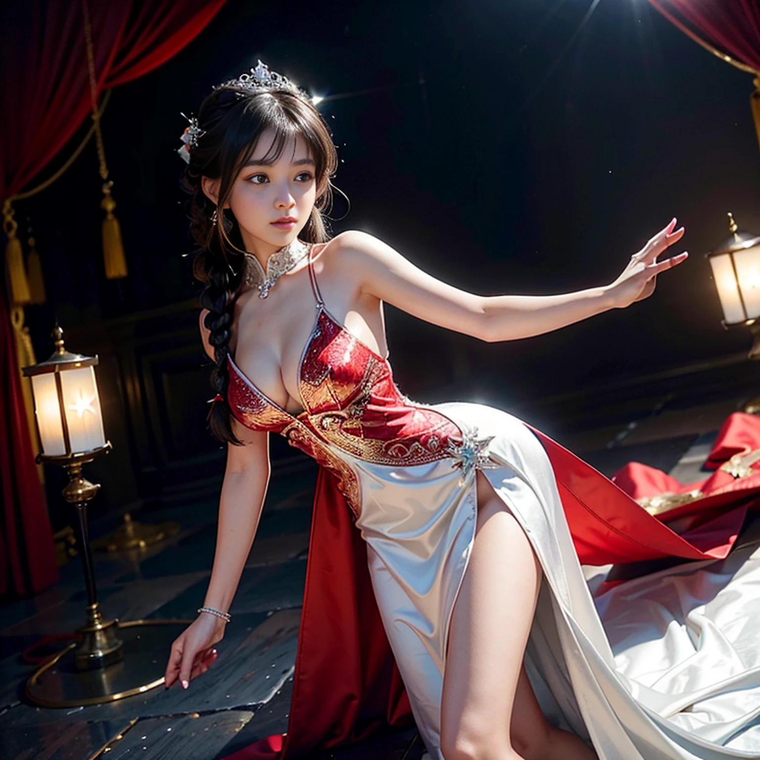 A beautiful girl in a wedding dress walks in the forest posing for a photo,Head up,Neat one-word bangs,Ji Shi Fa,French braids, move chart, Atmospheric perspective, Cinematic lighting, tmasterpiece, Textured skin,Fine hair like silk,Every hair is clear,Red band,photo level,wide angles,entire body image,little breast,Smaller bust,flatchest,Seductive eyes,Glamorous temperament)Surrounded by red dragons,Wear gorgeous high heels,Red and white glitter royal dress,background of the castle of Europe,God Rays shines on the body