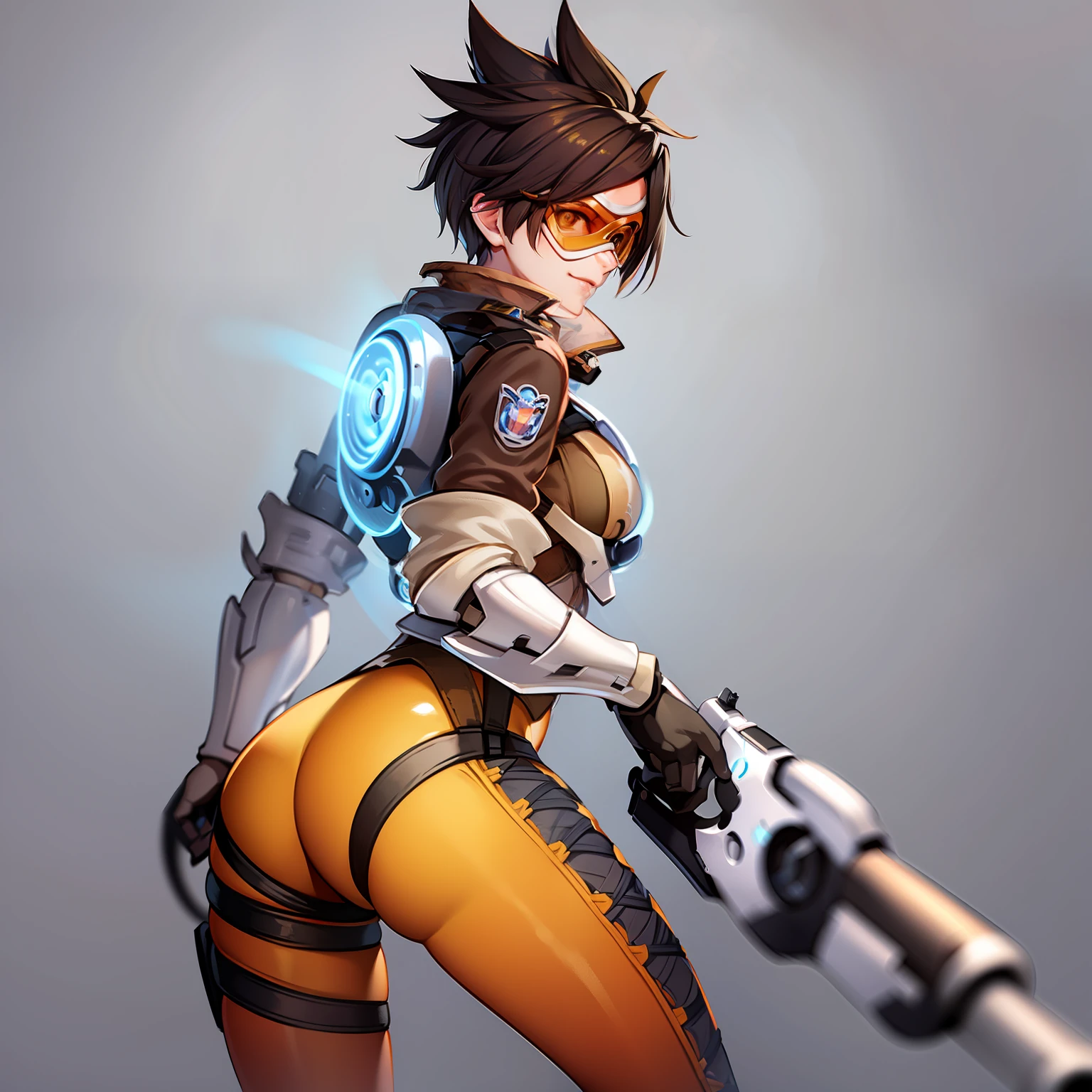 masterpiece, best quality, 1girl, tracer (overwatch), solo, brown hair, orange bodysuit, orange goggles, weapon, goggles, dual wielding, gun, bodysuit, short hair, ass, brown eyes, holding,(grey background:1.2),simple background, (kbxll:0.6)