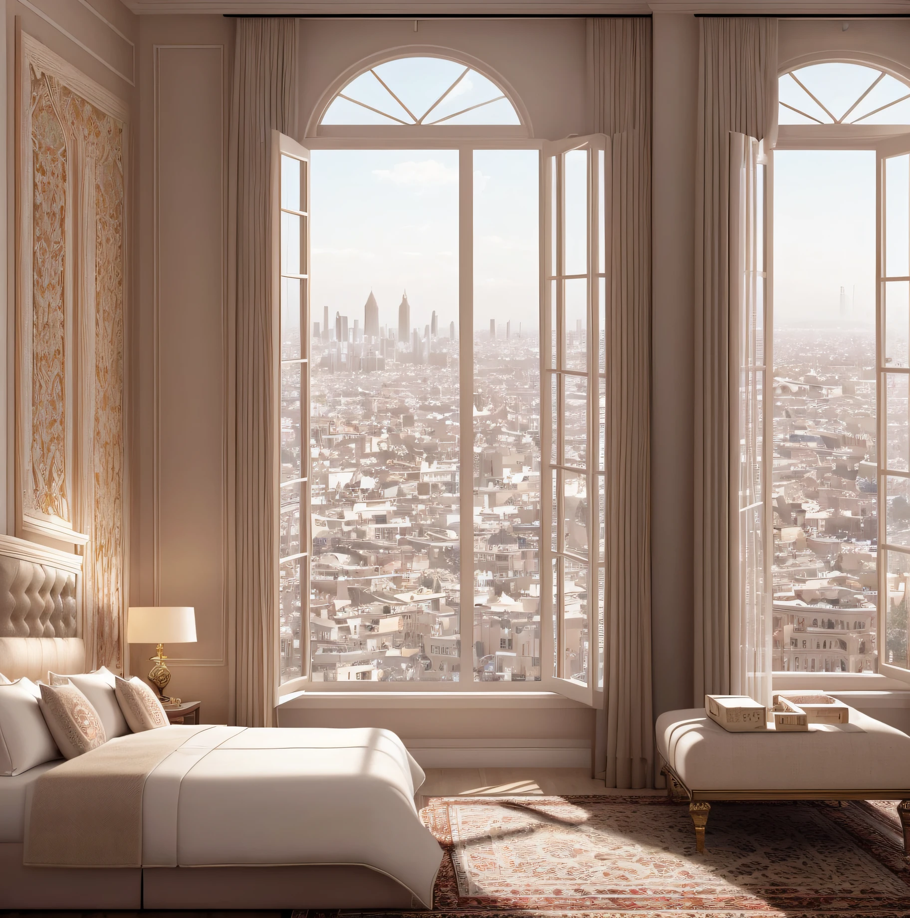 a beautiful room in a luxury hotel, with a beautiful king size bed, Persian rugs, wooden furniture, beautiful paintings on the wall, decor in pastel tones, a large window that keeps the room well lit, overlooking a beautiful city, intricate details, very beautiful, best quality, masterpiece, UHD, realism.