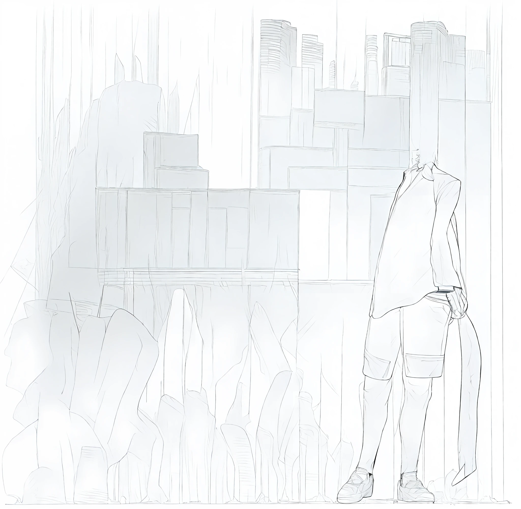 obra-prima, melhor qualidade, 1 homem, uniforme, hand in pocket, mochila escolar, cabelo preto, olhos negros, cyberpunk, rua, monocromatic, lineart eu estudo sou inteligente