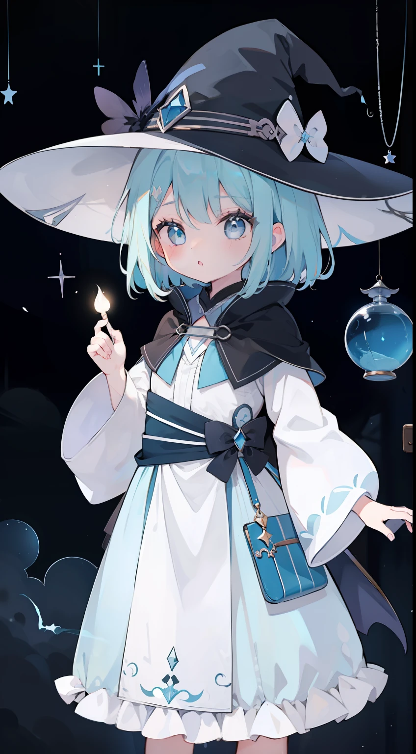 One girl、witch outfit、witch's hat、cute little、​masterpiece、top-quality、Top image quality、lightblue hair、light blue  eyes、