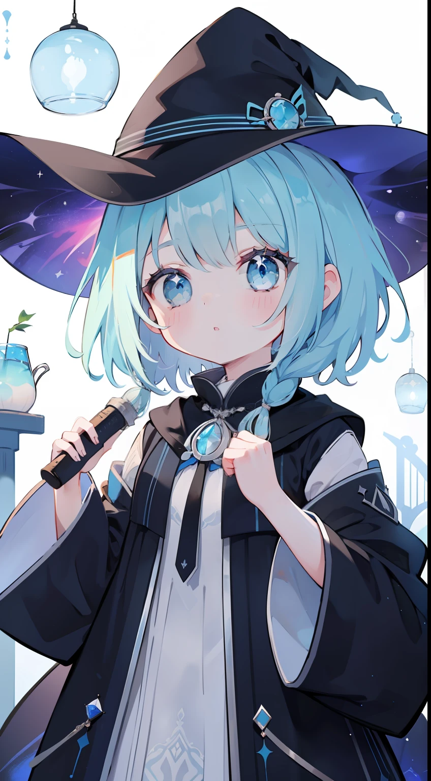 One girl、witch outfit、witch's hat、cute little、​masterpiece、top-quality、Top image quality、lightblue hair、light blue  eyes、