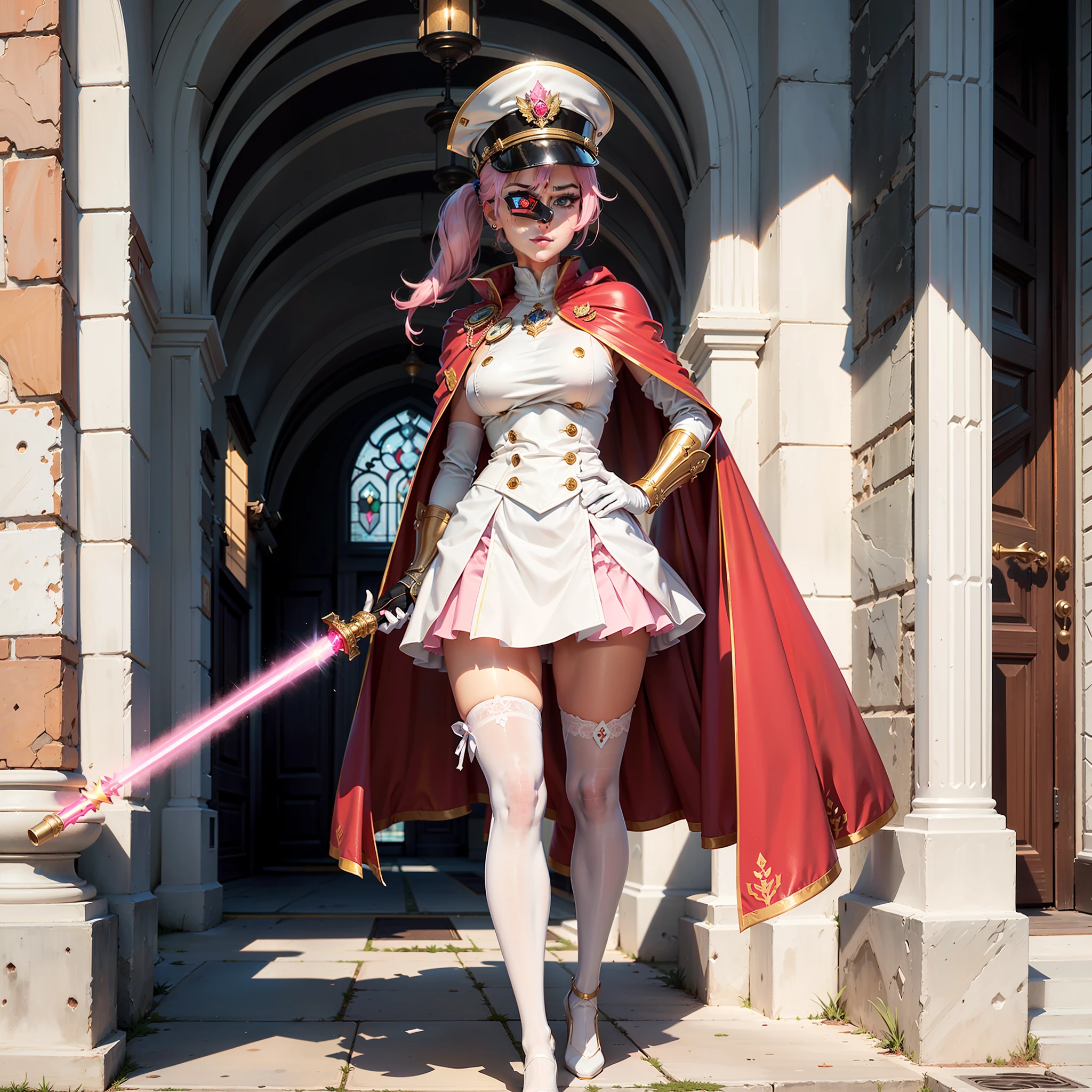 one-girl,Pink hair,High long ponytail,Year of the cardamom,Pink over-the-knee skirt,Translucent white stockings,Tsundere,White and tender,Wearing white gloves,plain face,Slim,little breast,World Masterpieces,Clear conditioning,Gao cold eyes,Reddish cheeks,having fun,HighestQuali,eyes highlights,Vivid,Eyes facing the lenses,Erudition,8K,leathery,Slim,high light,shadowing,Wrap the chest,little mouth,Look happy,Pupil highlights,Female general,army suit,military hat,Armor,Pink cape,Bring binoculars,A princess,Hand on the saber