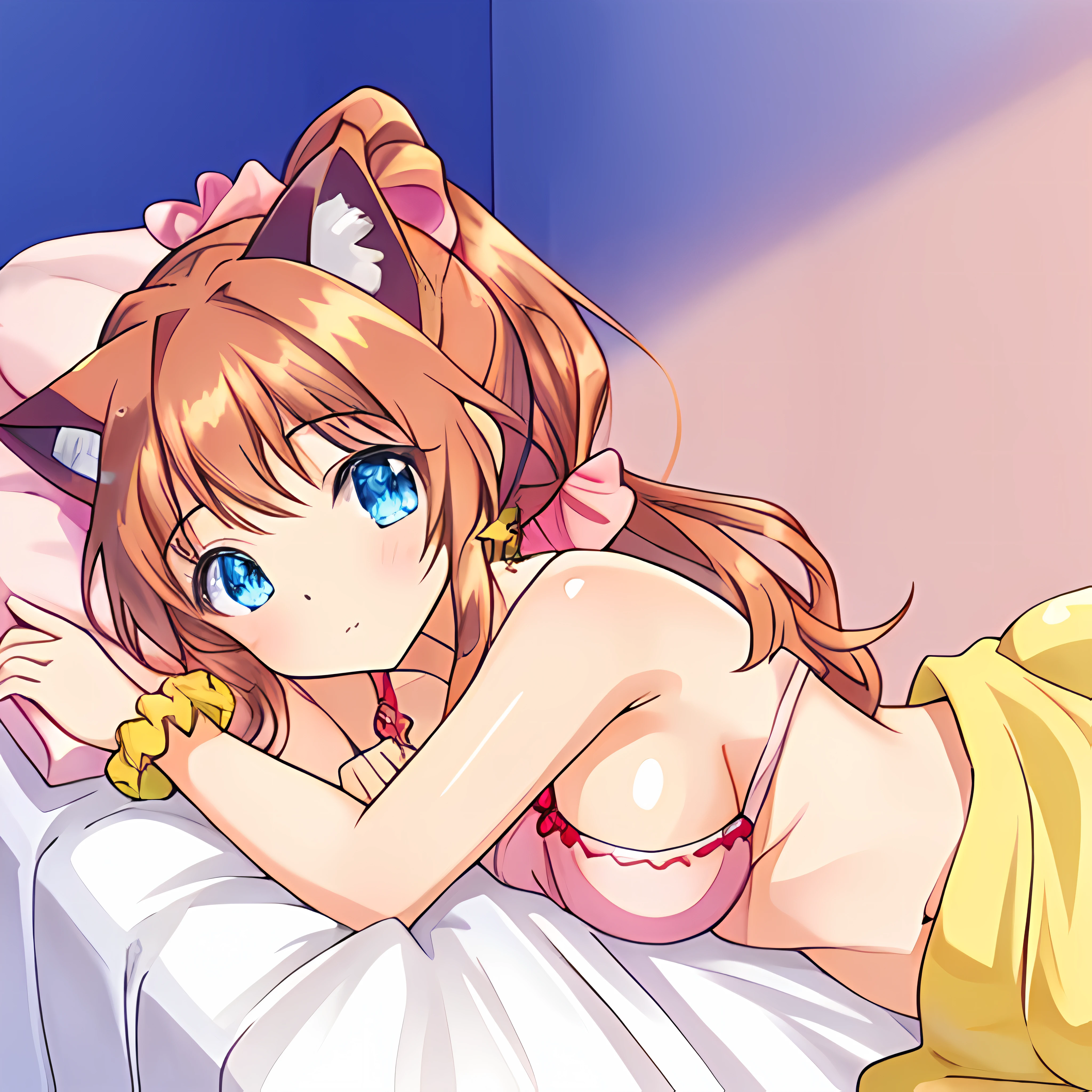 (Highly detailed CG Unity 8k wallpaper), (Best Quality), (Super Detail), (Best Illustration), (Best Shadow), POV, Realistic lighting and shading, Natural light, Lens flare effect, BREAK, 1 beautiful girl, Solo,(Cute:1.5),(Chibi:0.8), (kawaii:1.5),(Lori:0.5), BREAK, ( ( girl), Very detailed, colourfull, highest details, BREAK, (Huge breasts: 1. 2,), Clear skin, Beautiful skin, Shy skin, 1 beautiful girl, Brown hair, (Cat ears, Ponytail, medium-Long hair: 1. 2), (Light blue eyes, long eyelashes, Double eyelids: 1. 2), Solo, gleaming skin, BREAK, (Turning red:1.2), (She has her hair tied in a bun.:1.0), (Barefoot with colorful nails:1.0), (barechested:1.2), (pink scrunchie:1.0), (star-shaped earring:1.1), (Lace headband:1.0), (Cute Accessories:1.3), (Angle from the back,a bed,Sleeping face down:1.1),(Massage room background),