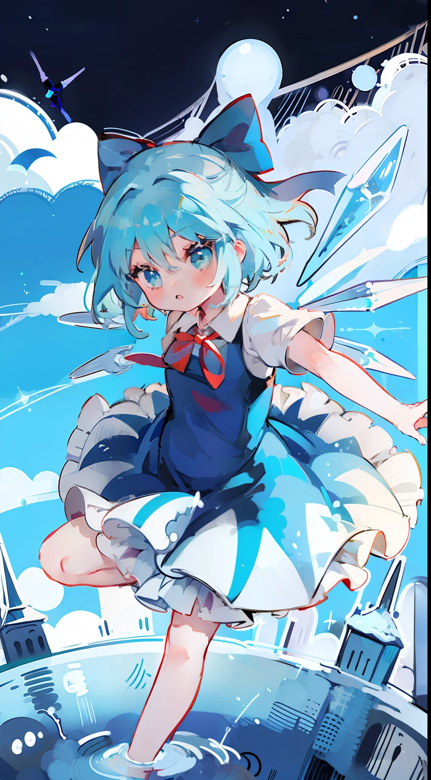 Cirno
1 girl,Blue hair,Hair Bow,Blue Dress,Short sleeves, ice wings,red bowtie、cute little、​masterpiece、Top image quality、top-quality