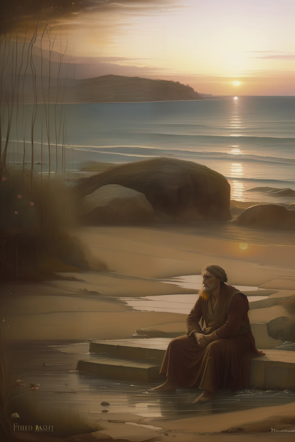(((Pre-Raphaelite painting of a rustic man looking tired, See the sunset on the sad sea, doente, triste, cansado, olhar baixo, wistful)))