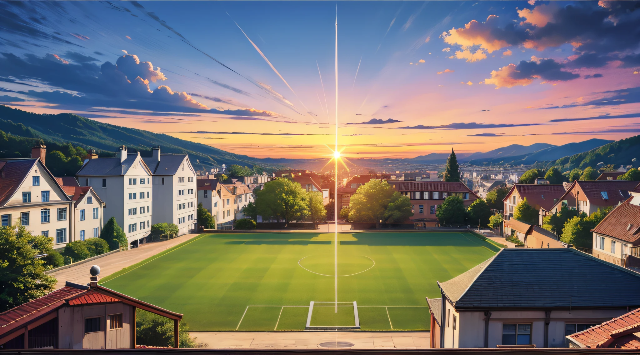 picturesque town with football fields and a majestic sunset