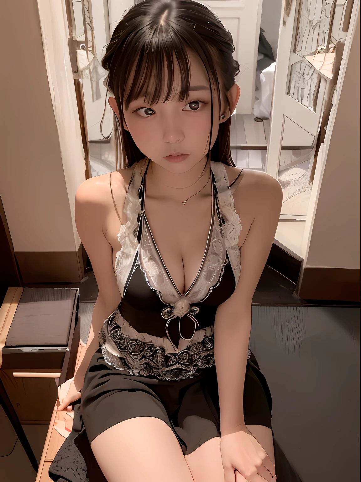 maid clothes、Photorealsitic, hight resolution, 1 rapariga, Korea person, small moles under eyes,Huza、medium breasts、Thigh Focus、maid、Stranger、View other people、Blunt bangs、Sitting,hand between legs, over-kneehighs, Silly,Drunken eyes,Blunt bangs, Black hair,(masutepiece:1.2, Best Quality), (finely detailed beautiful eye: 1.2), (Detailed background,Dark Fantasy), (beautifull detailed face), High contrast, (Best Illumination, extremely delicate and beautiful), ((Cinematic Light)), Colorful, Hyper Detail, Dramatic light, Intricate details,