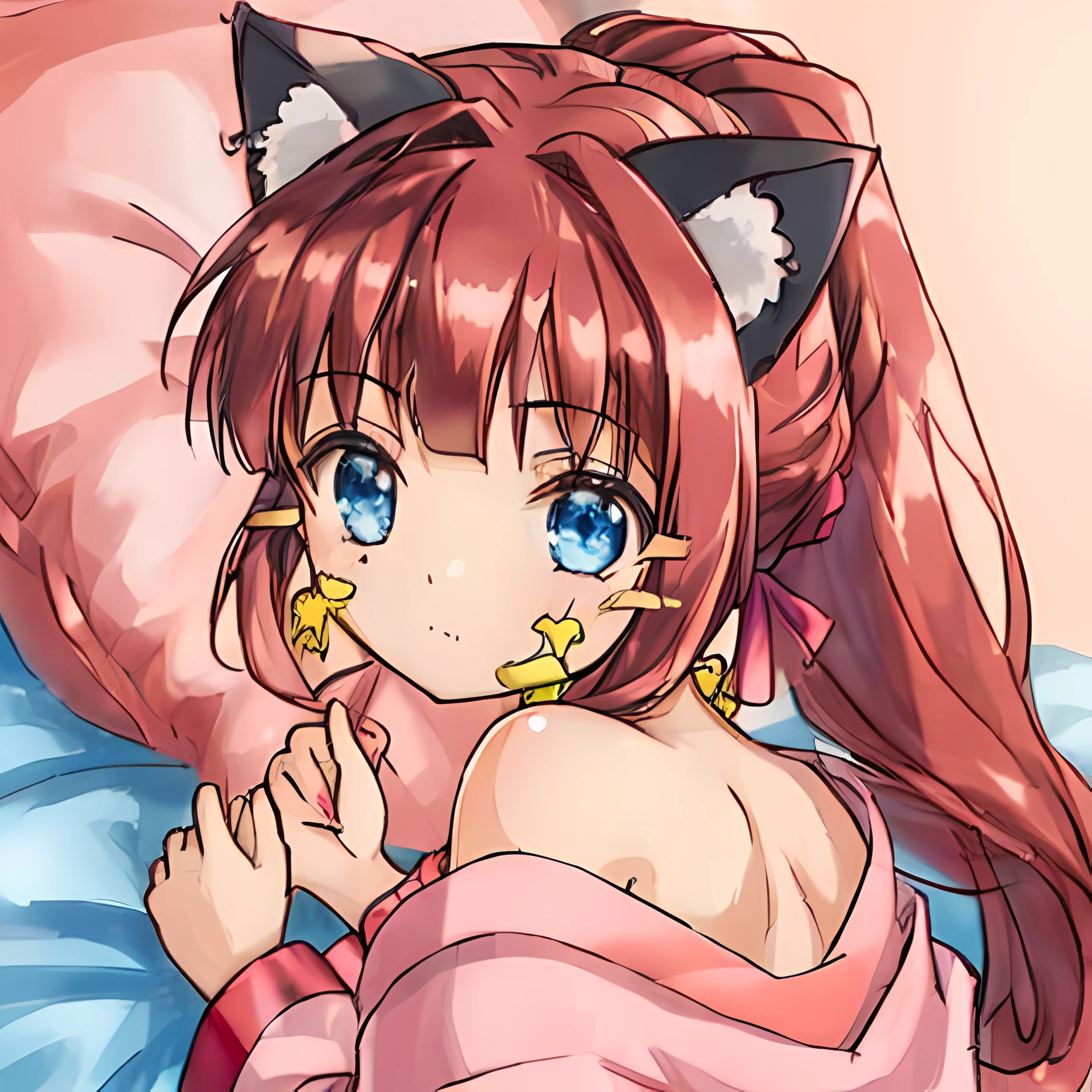 (Scribble on the face:1.8),(Highly detailed CG Unity 8k wallpaper), (Best Quality), (Super Detail), (Best Illustration), (Best Shadow), POV, Realistic lighting and shading, Natural light, Lens flare effect, BREAK, 1 beautiful girl, Solo,(Cute:1.5),(Chibi:0.8), (kawaii:1.5),(Lori:0.5), BREAK, ( (17 years old girl), Very detailed, colourfull, highest details, BREAK, (Huge breasts: 1. 2,), Clear skin, Beautiful skin, Shy skin, 1 beautiful girl, Brown hair, (Cat ears, Ponytail, medium-Long hair: 1. 2), (Light blue eyes, long eyelashes, Double eyelids: 1. 2), Solo, gleaming skin, BREAK, (Turning red:1.2), (She has her hair tied in a bun.:1.0), (Barefoot with colorful nails:1.0), (barechested:1.2), (pink scrunchie:1.0), (star-shaped earring:1.1), (Lace headband:1.0), (Cute Accessories:1.3), (Angle from the back,a bed,Sleeping face down:1.1),(Massage room background),