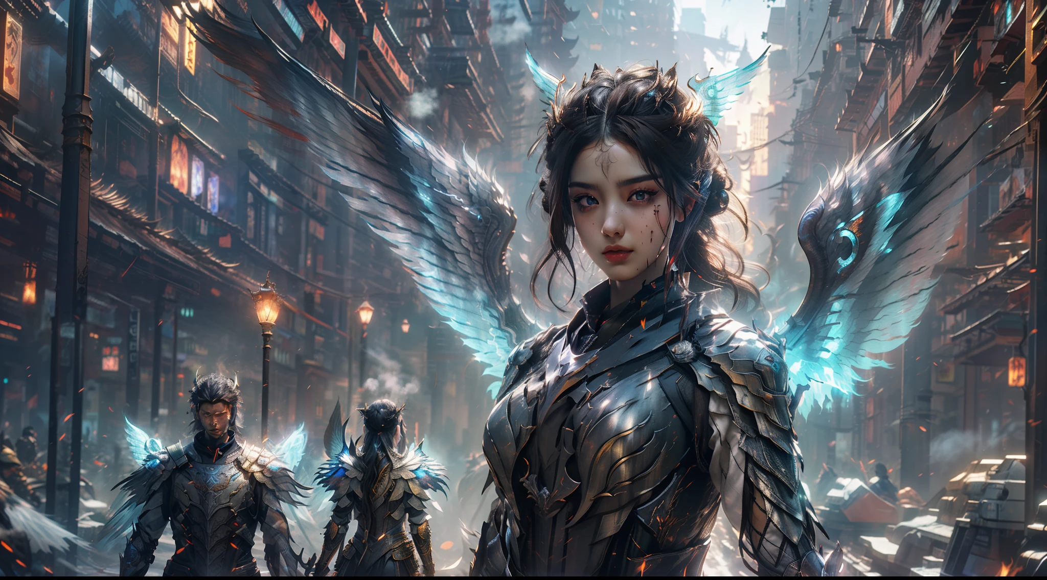 (Extremely detailed Cg Unity 8K wallpaper,Masterpiece, Best quality, Ultra-detailed, Beautiful detailed eyes:1.2),Best illumination, (Best shadow, An extremely delicate and beautiful, full bloom),
1girll,Solo,Dragon's horn,Raised sexy,Heavy armor,Long hair,holdingsword,Angel wings,Black wings,(Big wings:1.4),Film filter,satan, Hellfire,full bodyesbian,demon,Flame,City at night,cyber punk perssonage,smog,steamy,illusory engine, (High detail: 1.9)