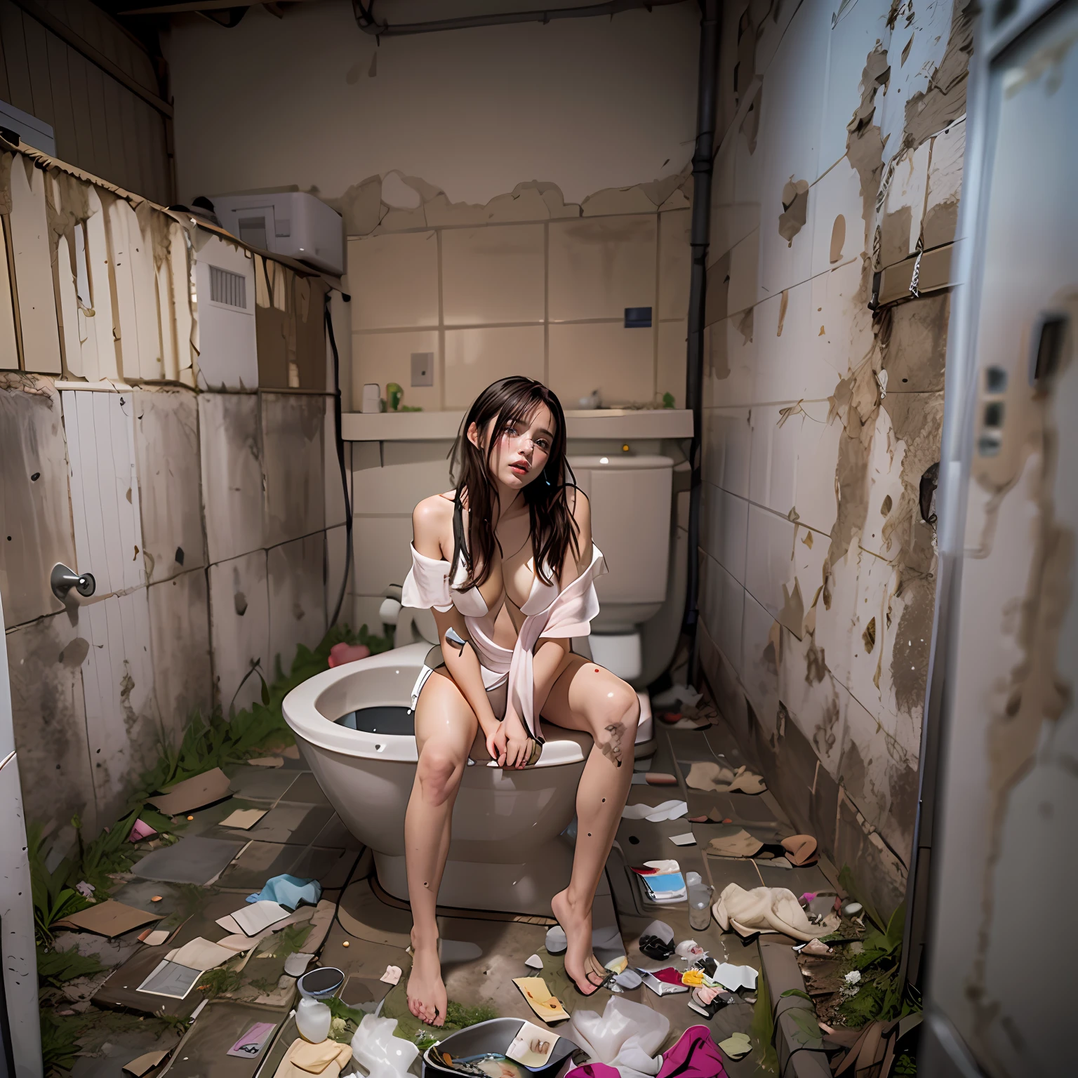 abandoned toilet，Garbage all over the ground，grimy，Dilapidated，Devastated，best qualtiy，full-body portraits（1：1），delicated face，18 years old girls，lean and slender body，Skinny，Smaller bust，Pink tender，Broken white transparent bikini，Panties to the crotch，The barefoot，junk，exhibitionism，exhibitionists，no clothes are worn，don't have clothes