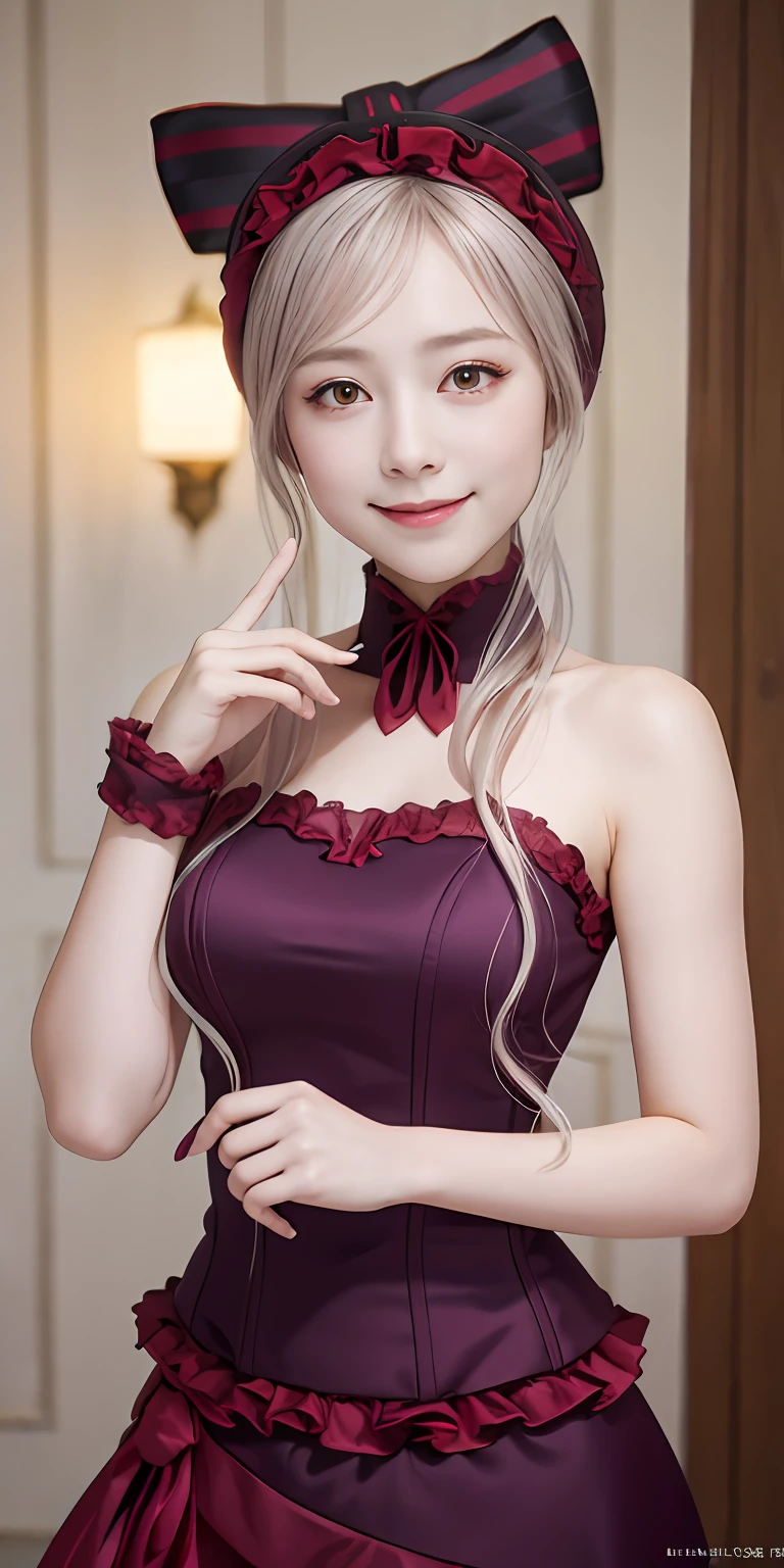 , top-quality, ShalltearV4, 1girl in, 独奏, doress, frilld, the bow, Hair Bow, tusk, Bewitching smile, pale-skinned, Shines, radiant eyes, portraitures,Complete body,