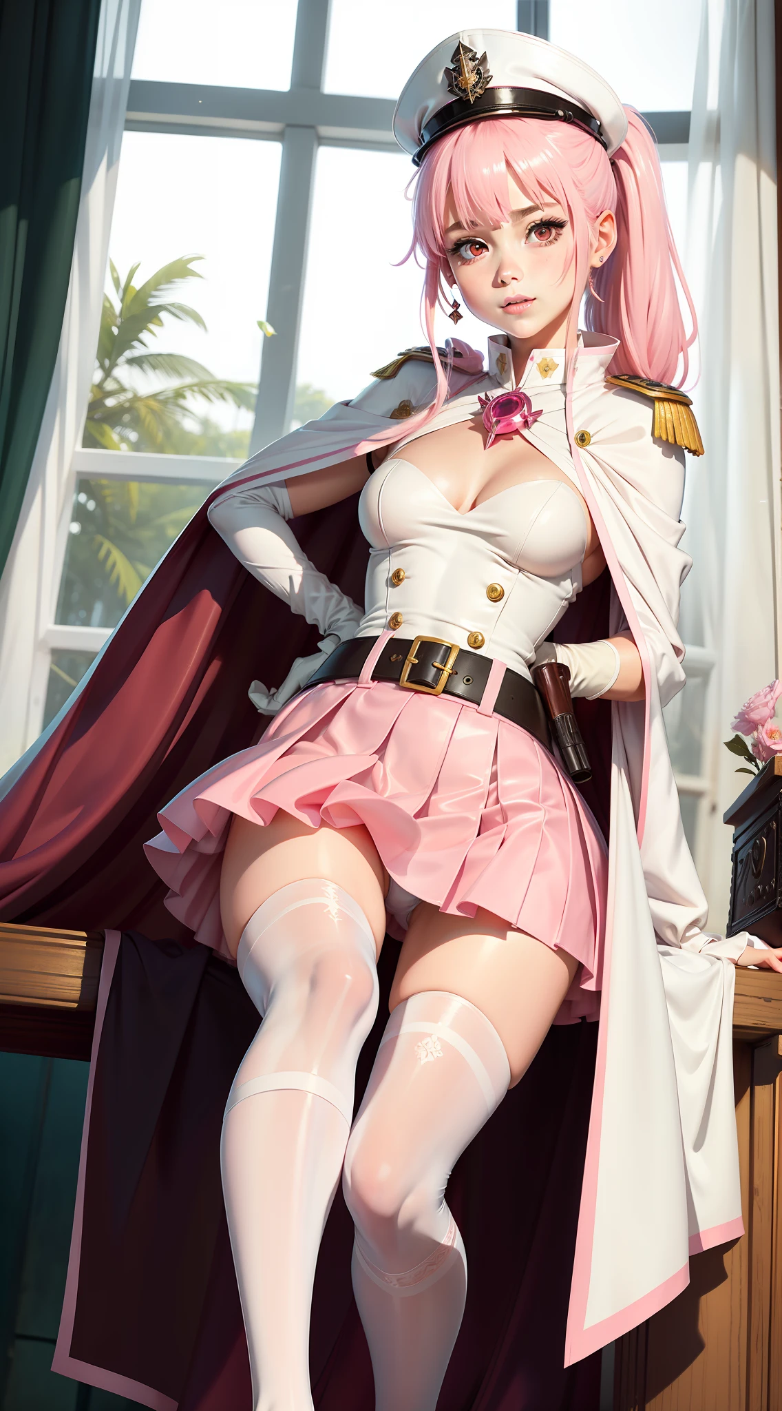 one-girl,Pink hair,High long ponytail,Year of the cardamom,Pink over-the-knee skirt,Translucent white stockings,Tsundere,White and tender,Wearing white gloves,plain face,Slim,little breast,World Masterpieces,Clear conditioning,Gao cold eyes,Reddish cheeks,having fun,HighestQuali,eyes highlights,Vivid,Erudition,8K,leathery,Slim,high light,shadowing,Wrap the chest,little mouth,Look happy,Pupil highlights,Female general,army suit,military hat,Pink cape,Bring binoculars,Carry a saber with you,Pink and white shirt
