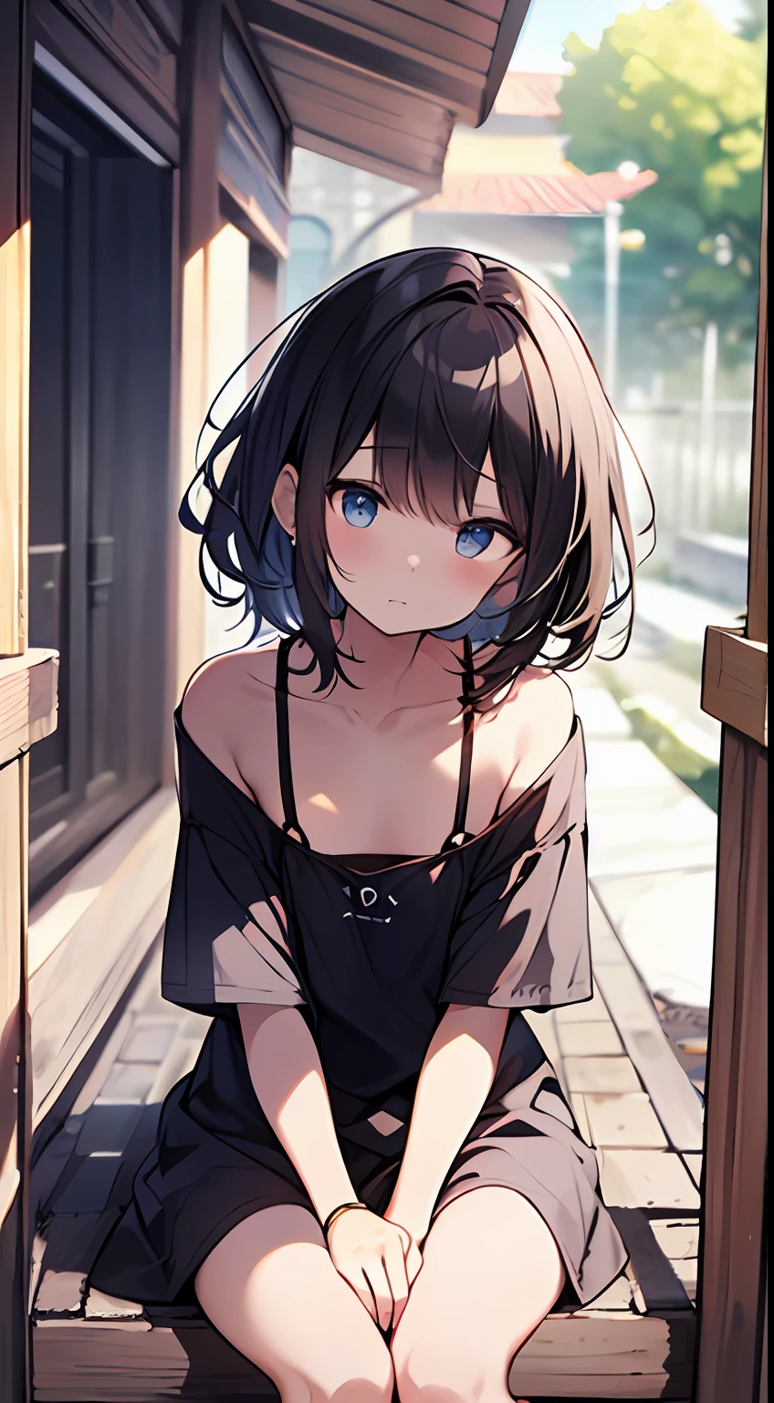 (top-quality、32K image quality、​masterpiece、nffsw:1.2)、a cute loli、Medium short hair、short braiding、beauitful face、(Slouched:1.3)、crouching down、(From  above:1.2)、(a closeup:1.4)、small curvy loli、((You can see the chest))、Bust Up Perspective、Loose baggy T-shirt、(beautiful nipple slips:0.9)、outside of house、the wind、shinny skin、blurry backround