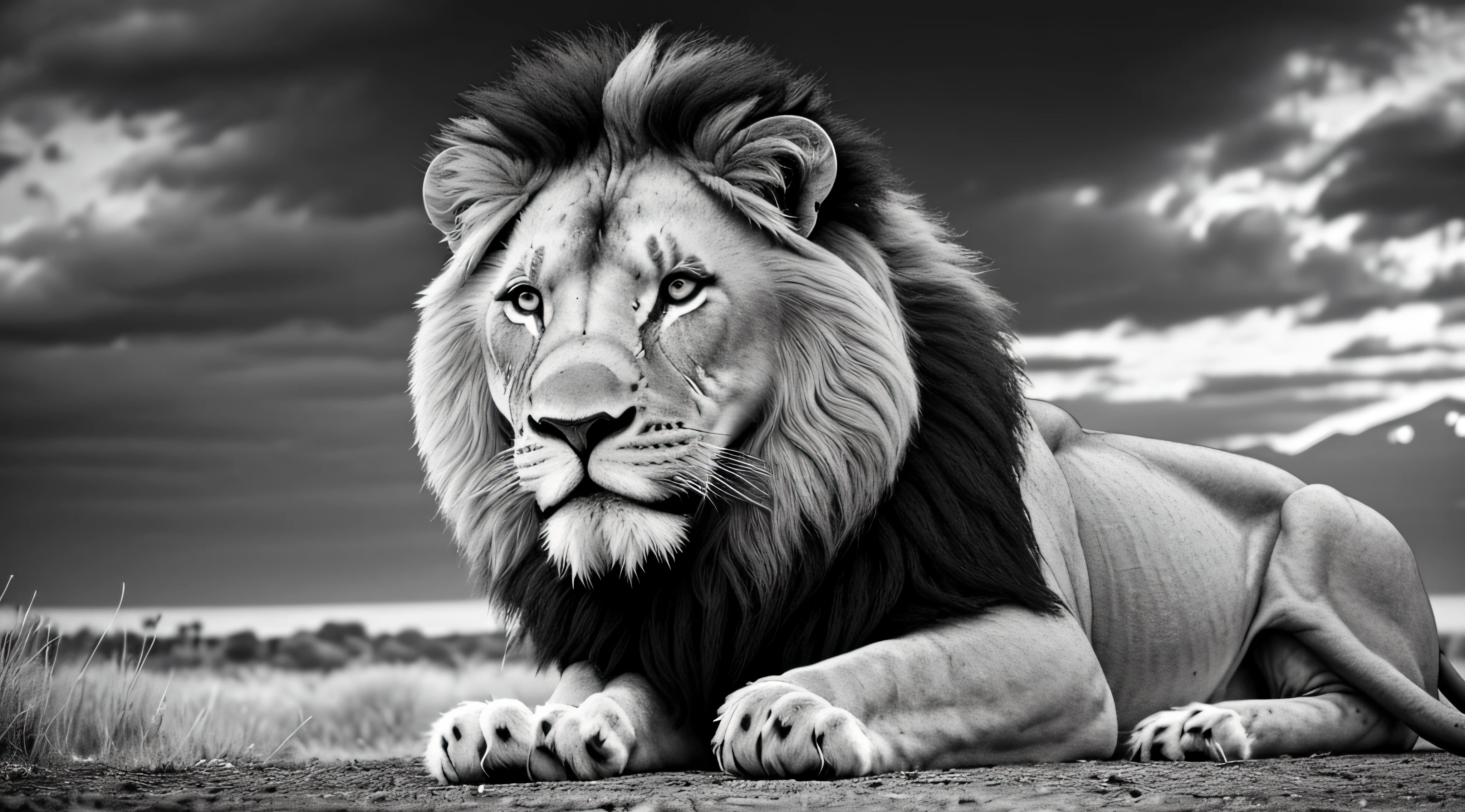 a Lion in black and white ultra realistic motivational sitting front view ultra 8k --auto