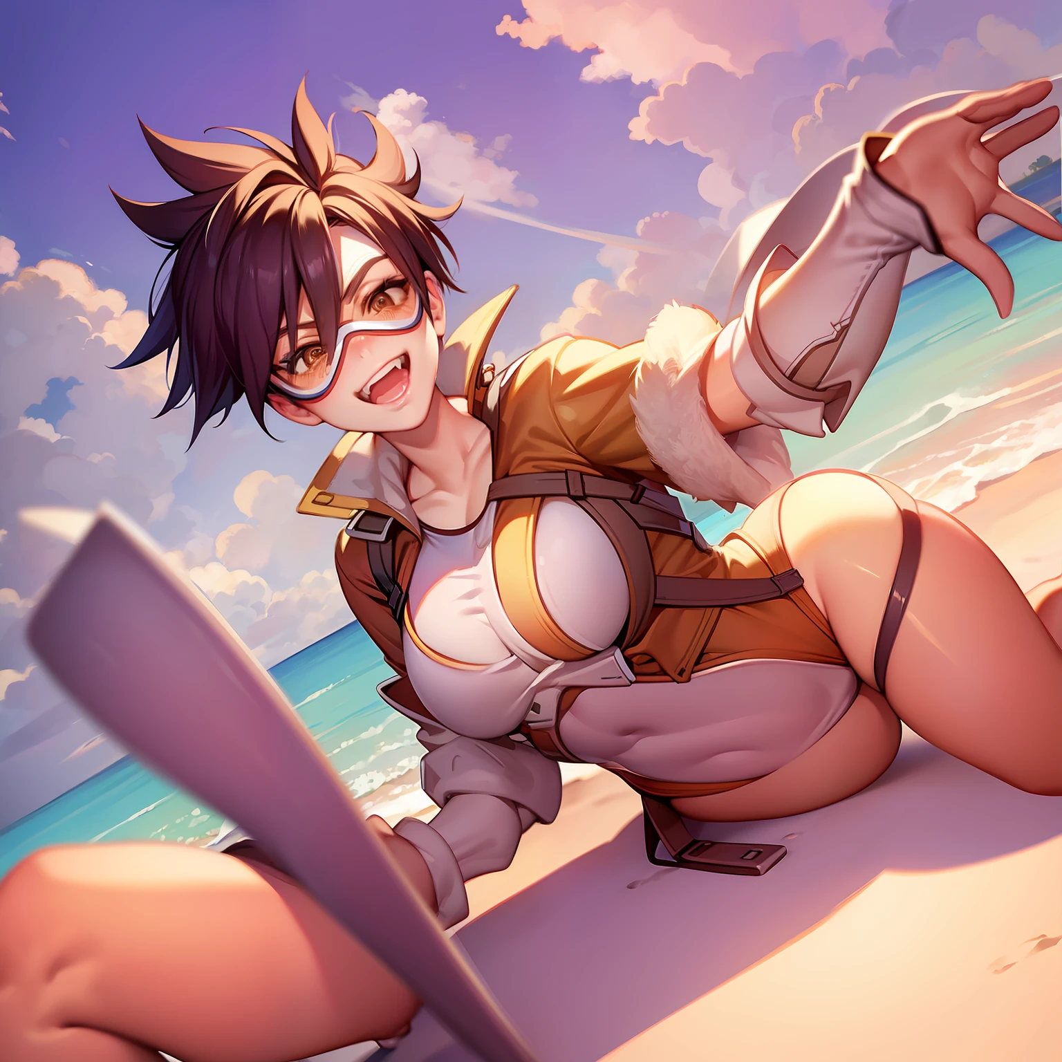 tracer, one-piece swimsuit, beach, sunlight, bright day, sun, lounging, smile, best quality