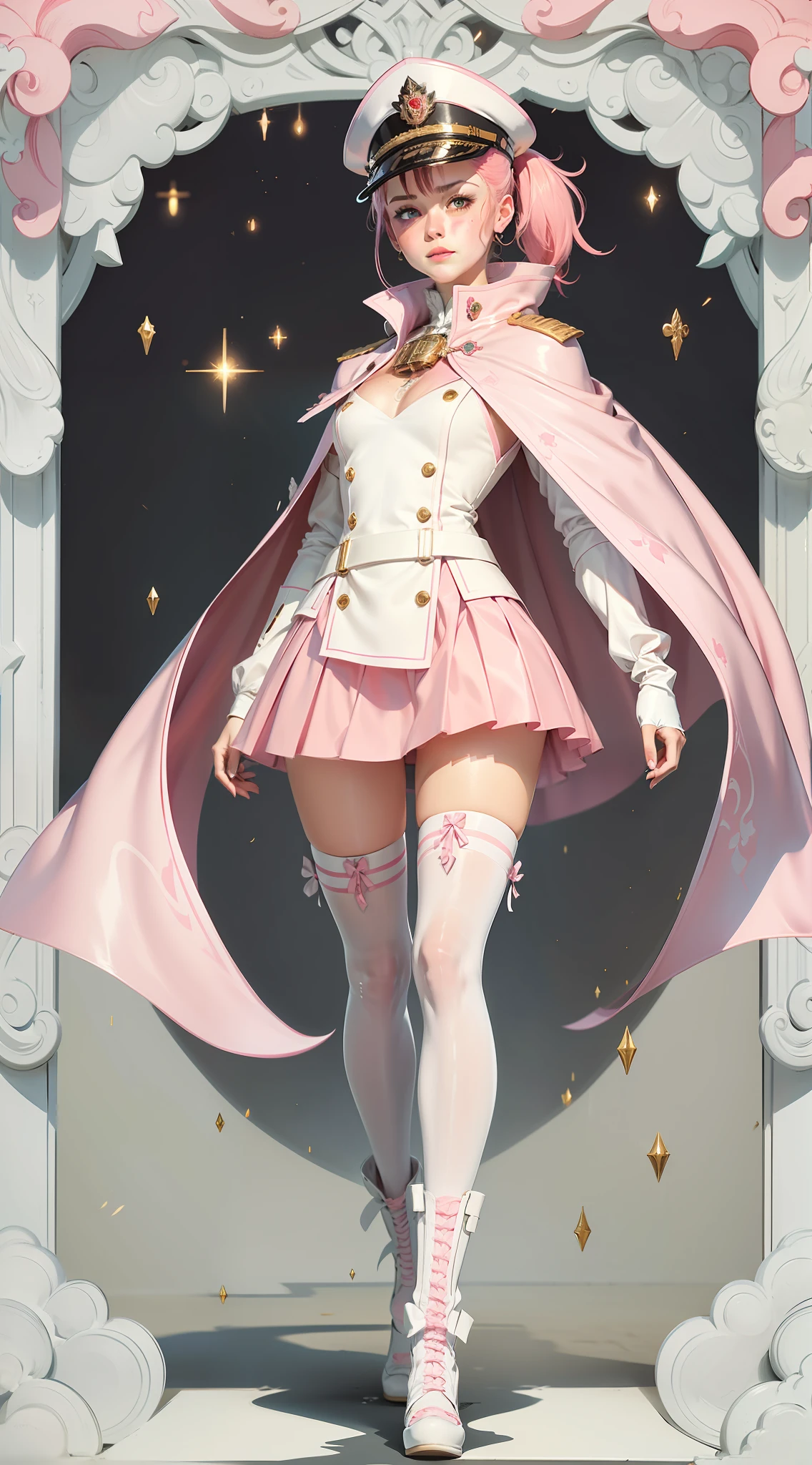 one-girl,Pink hair,High long ponytail,Year of the cardamom,Pink over-the-knee skirt,Translucent white stockings,Tsundere,White and tender,Wearing white gloves,plain face,Slim,little breast,World Masterpieces,Clear conditioning,Gao cold eyes,Reddish cheeks,having fun,HighestQuali,eyes highlights,Vivid,Erudition,8K,leathery,Slim,high light,shadowing,Wrap the chest,little mouth,Look happy,Pupil highlights,Female general,army suit,military hat,Pink cape,Bring binoculars,Carry a saber with you,Pink and white shirt,The texture is clear